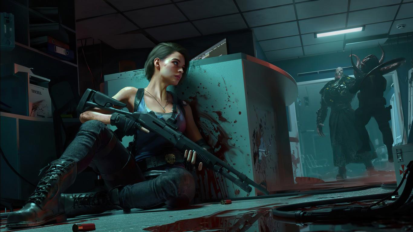 1366x768 Jill Valentine Nemesis Resident Evil 3 Shotgun 4K HD Resident Evil 3 Wallpaper