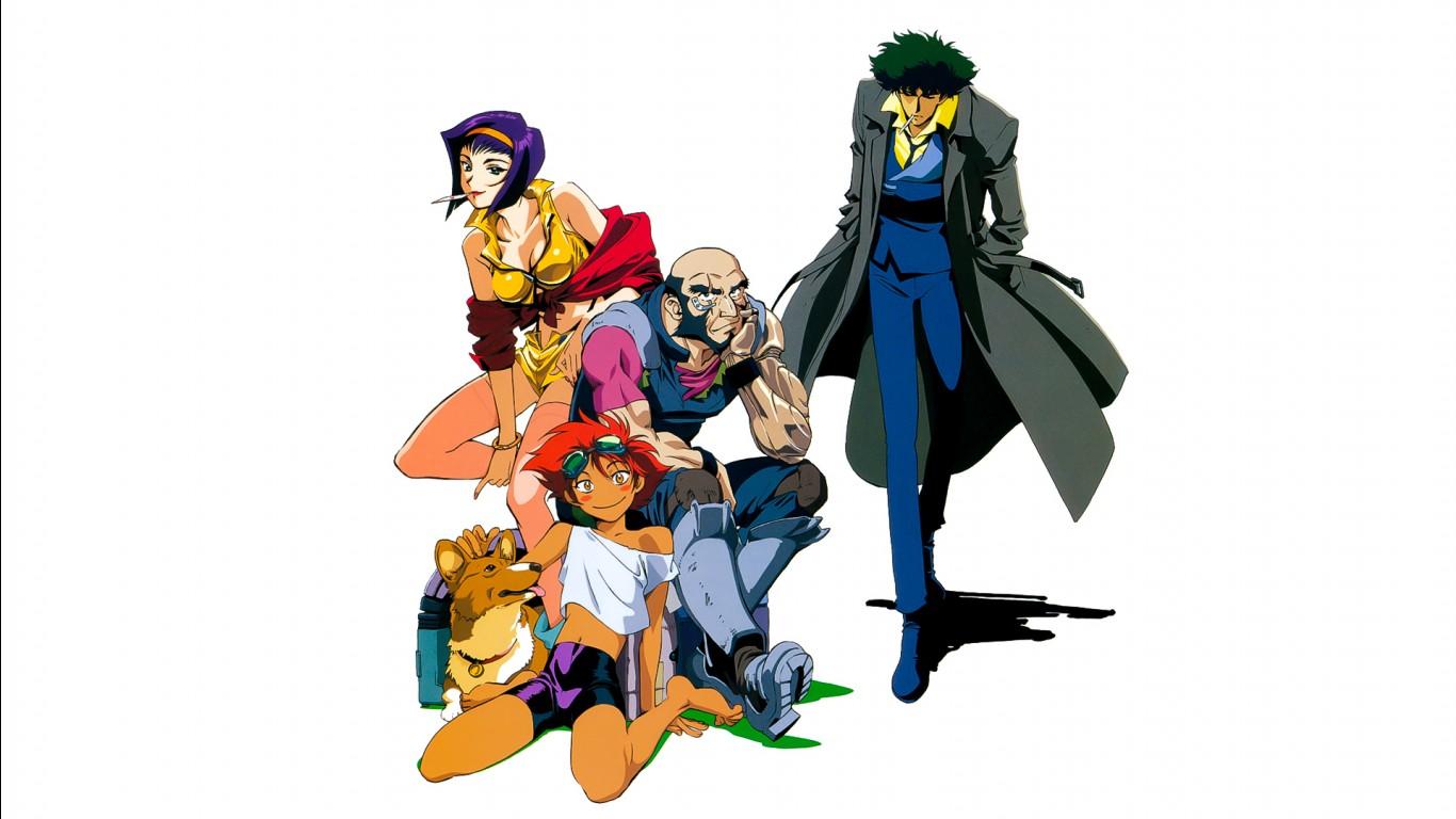 1366x768 Spike Spiegel Edward Faye Valentine Jet Black In White Background HD Cowboy Bebop Wallpaper