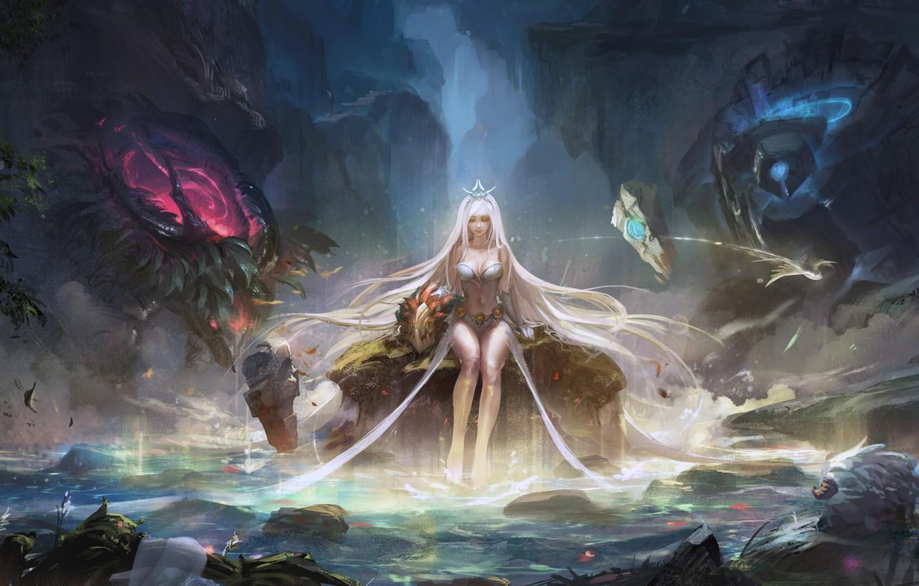 1332x850 Wallpaper girl, rock, fantasy, game, forest, magic, long hair, water, lake, League of Legends, blonde, digital art, artwork, fantasy art, creatures image for desktop, section игры