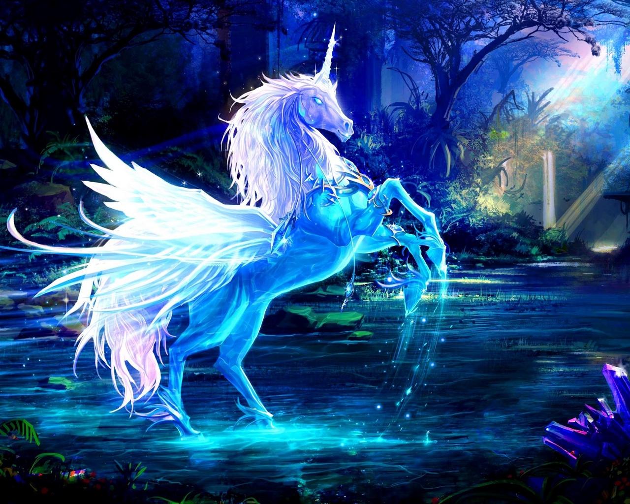 1280x1024 Wallpaper Unicorn, Water, Forest, Night, Magic