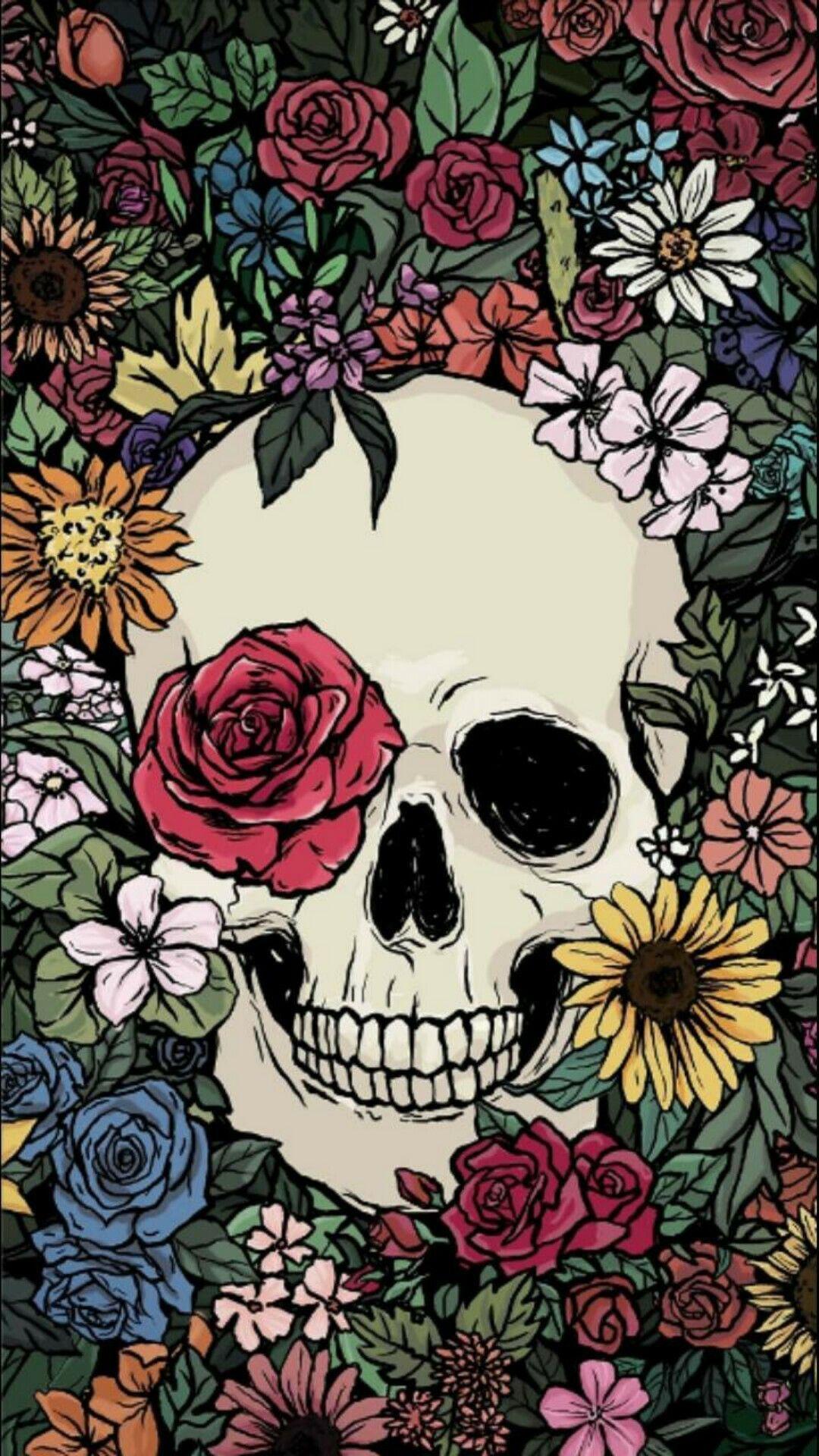 1080x1920 Skull With Flower Wallpaper