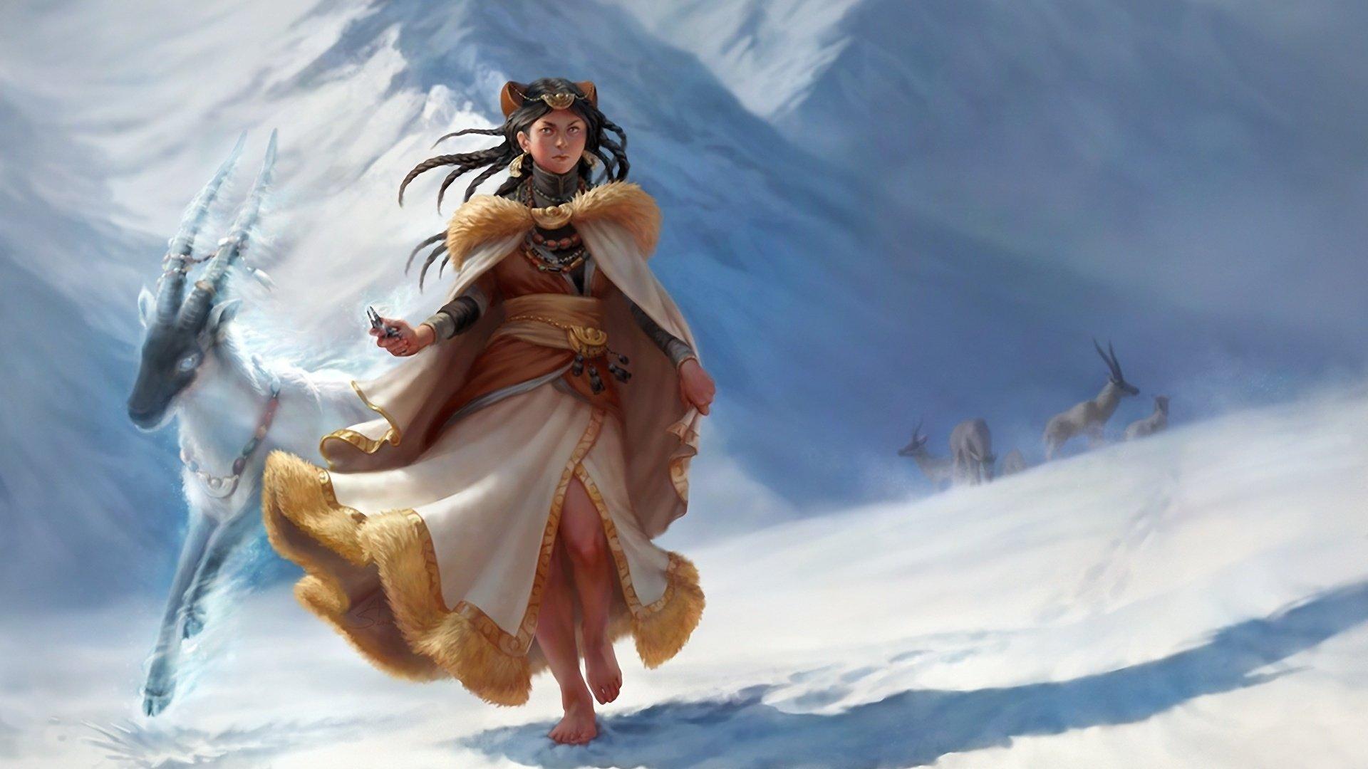 1920x1080 Fantasy goat mountain animals horns girl snow art wallpaperx1080