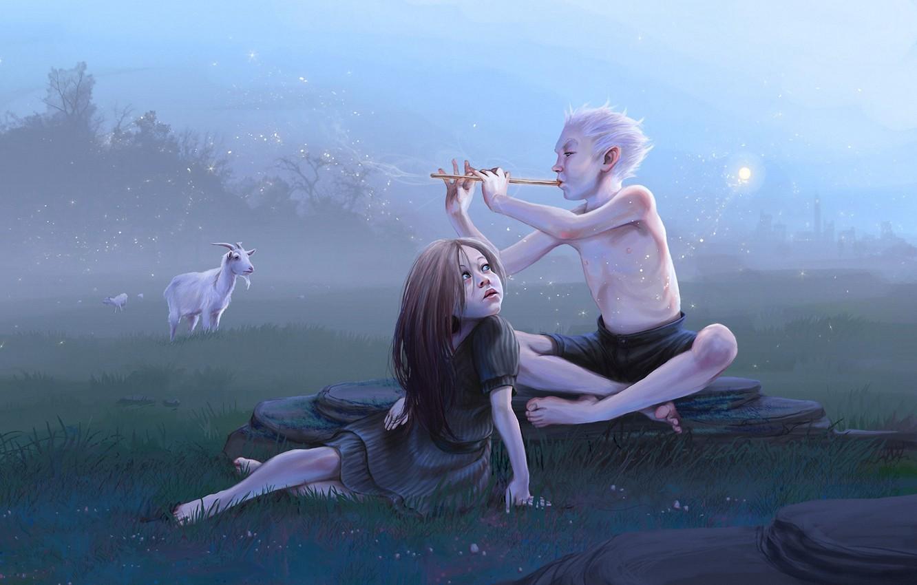 1332x850 Wallpaper the moon, meadow, art, elves, goat, the pipe image for desktop, section фантастика
