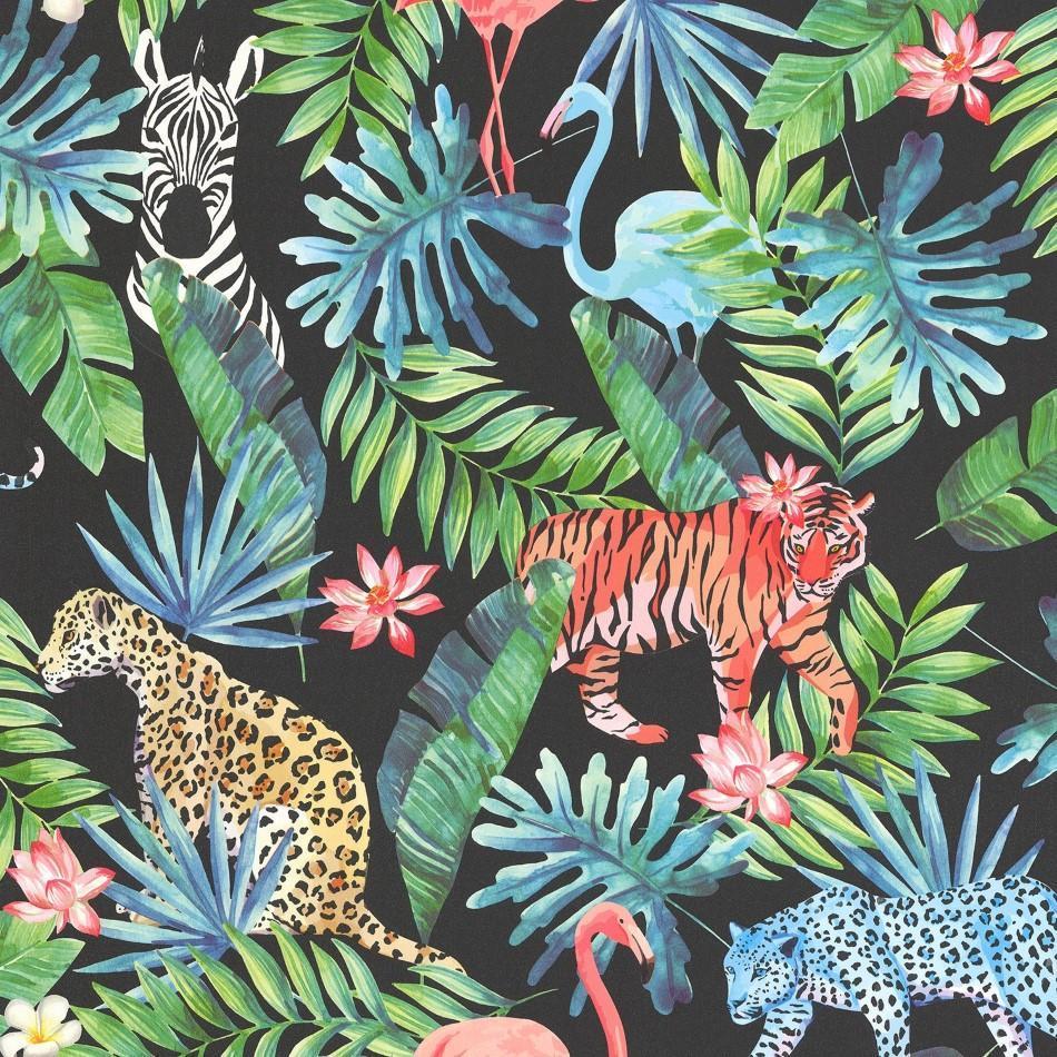 950x950 Collage Black / Multi Tropical Animals Wallpaper