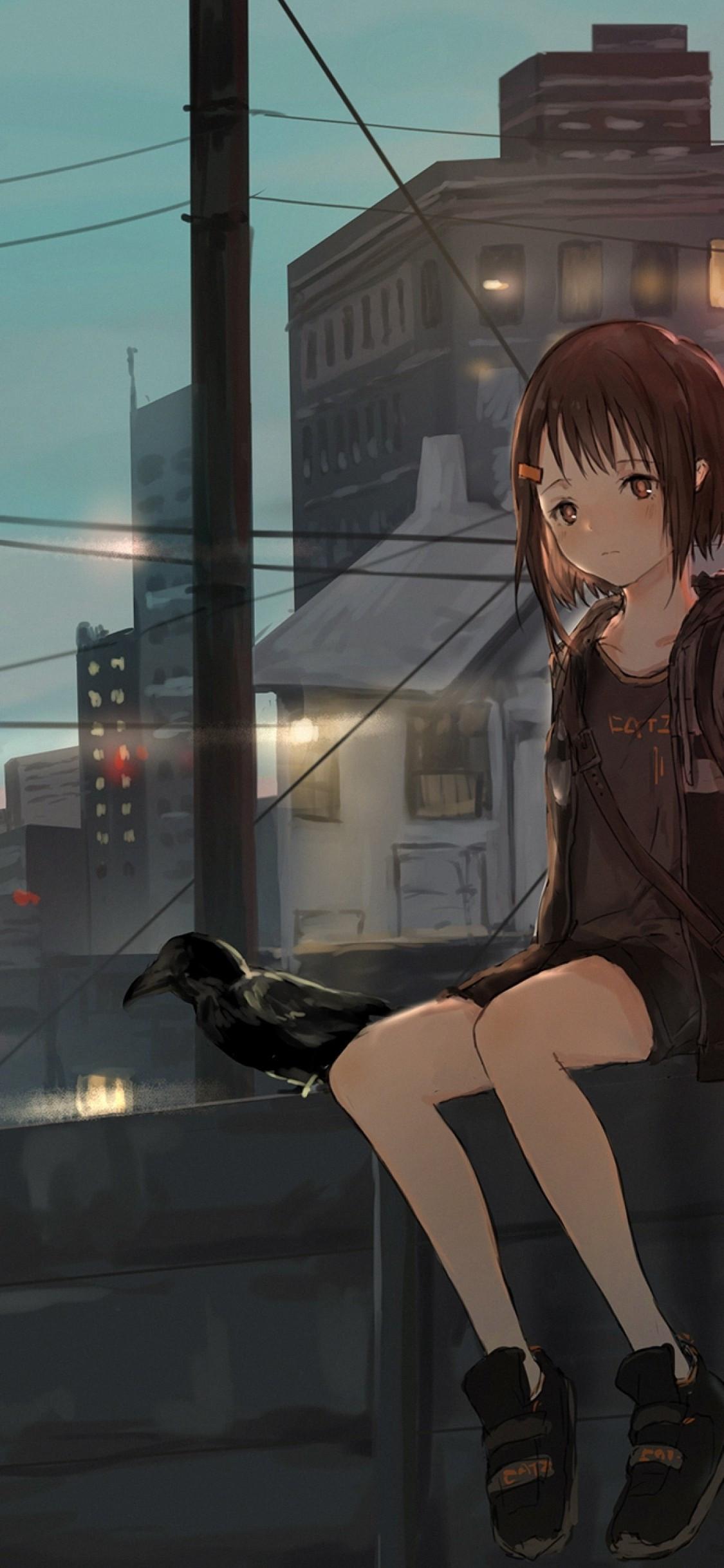 1125x2436 Download 1125x2436 Anime Girl, Raven, City, Short Hair, Hoodie Wallpaper for iPhone 11 Pro & X