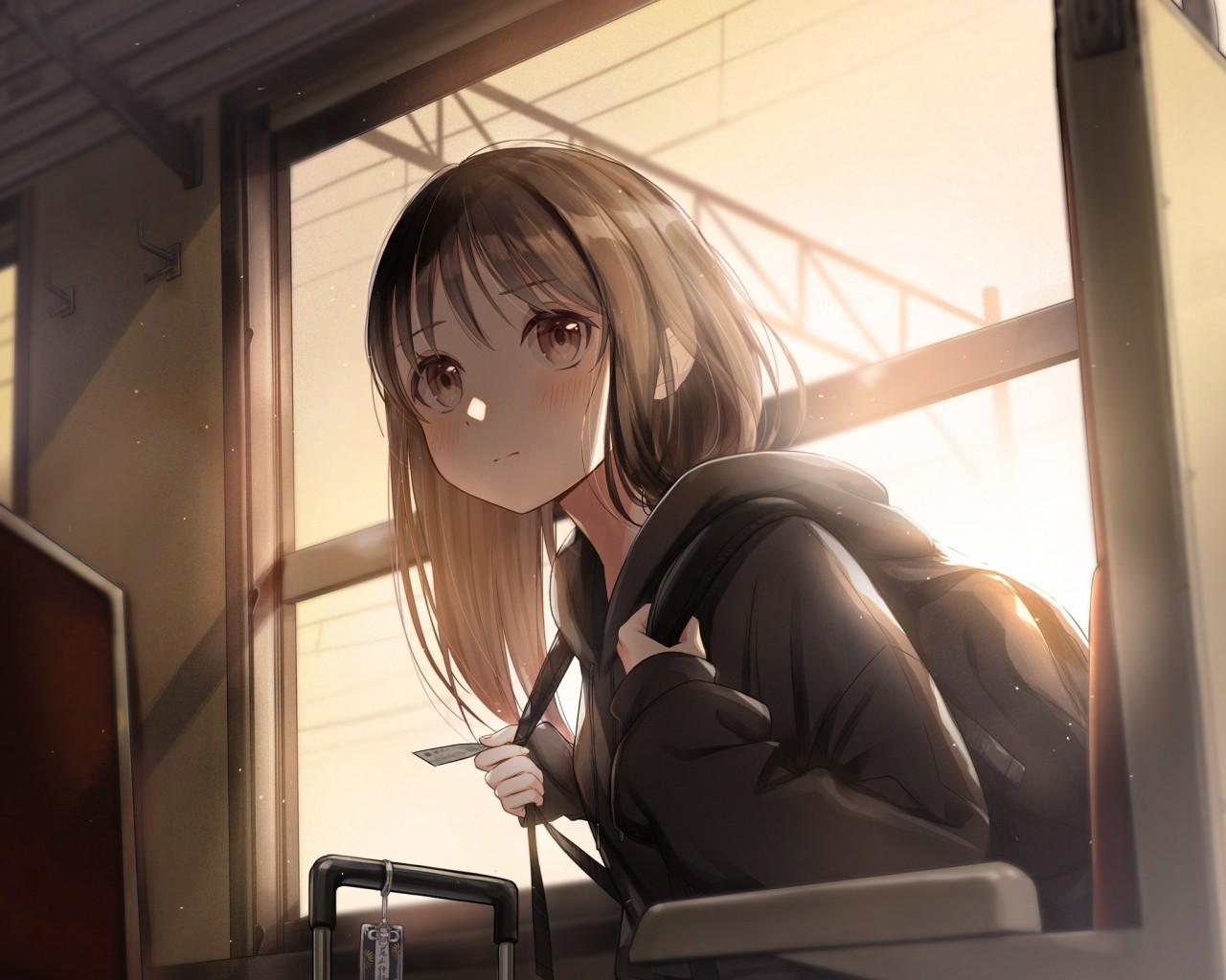 1280x1024 Download 1280x1024 Cute Anime Girl, Hoodie, Short Hair, Train, Brown Hair Wallpaper