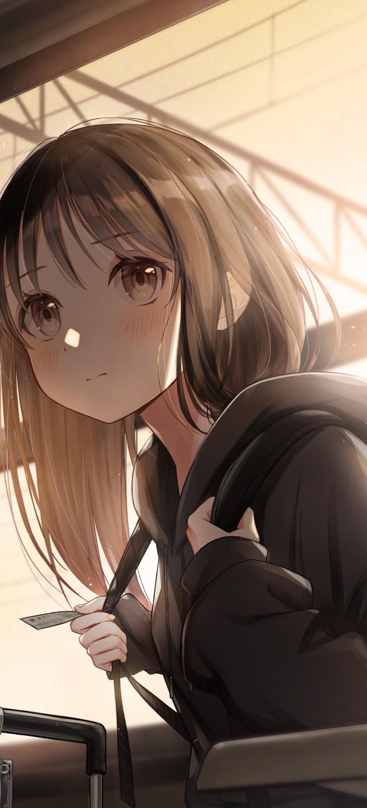 1200x2640 Download 1200x2640 Cute Anime Girl, Hoodie, Short Hair, Train, Brown Hair Wallpaper for Huawei P40 Pro