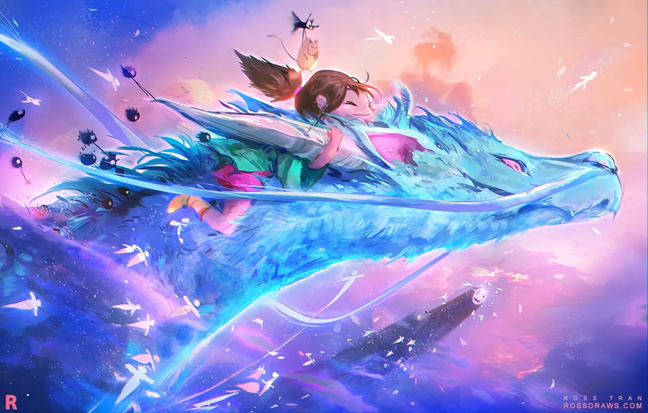 1332x850 Wallpaper flight, friends, in the sky, faceless, pink clouds, Haku, Spirited Away, Spirited away, kaonashi, white dragon, Chihiro image for desktop, section сёнэн