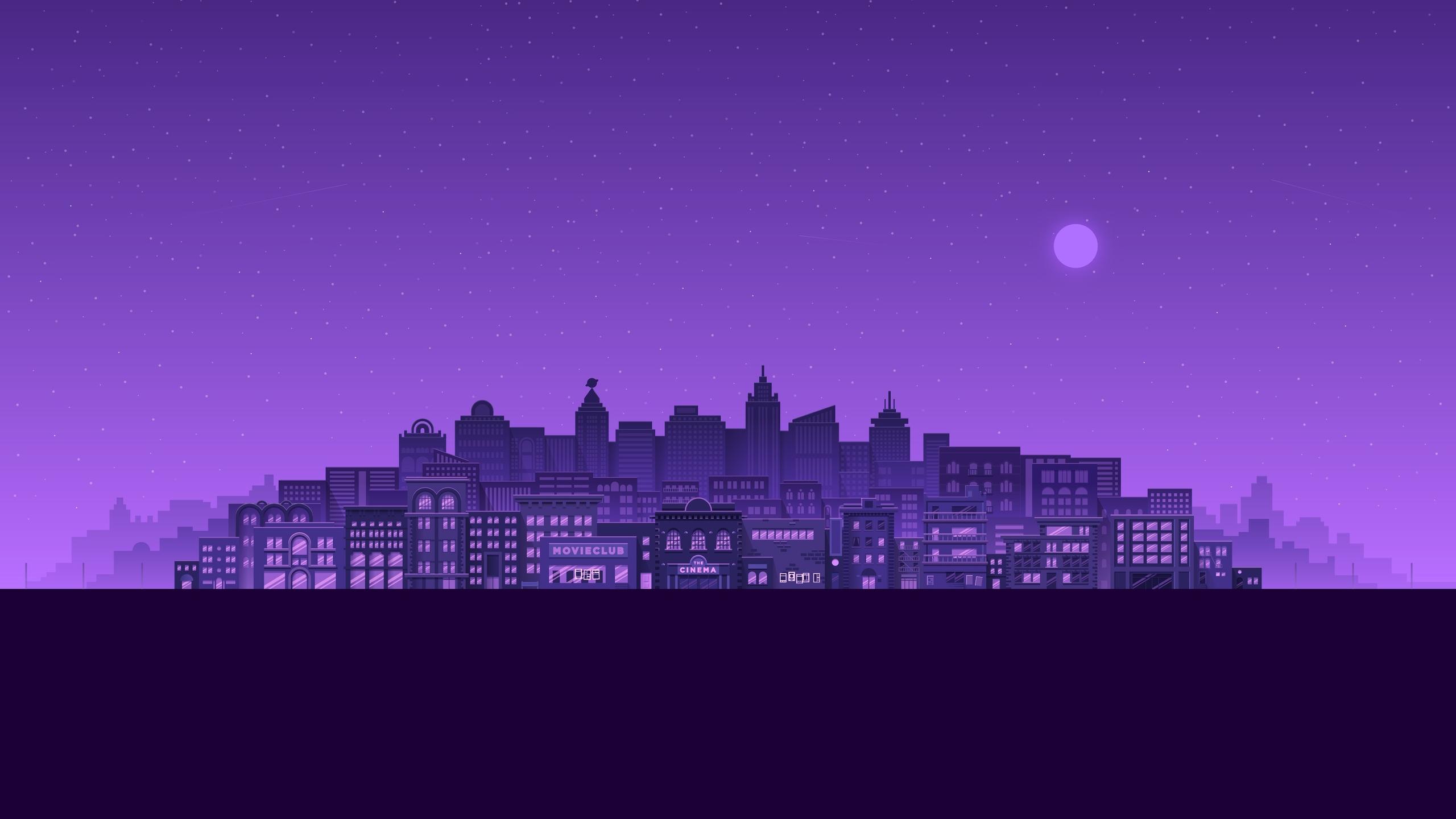 2560x1440 Purple Moon Stars Buildings City Minimal 4k 1440P Resolution , HD 4k Wallpaper, Image, Background, Photos and Picture