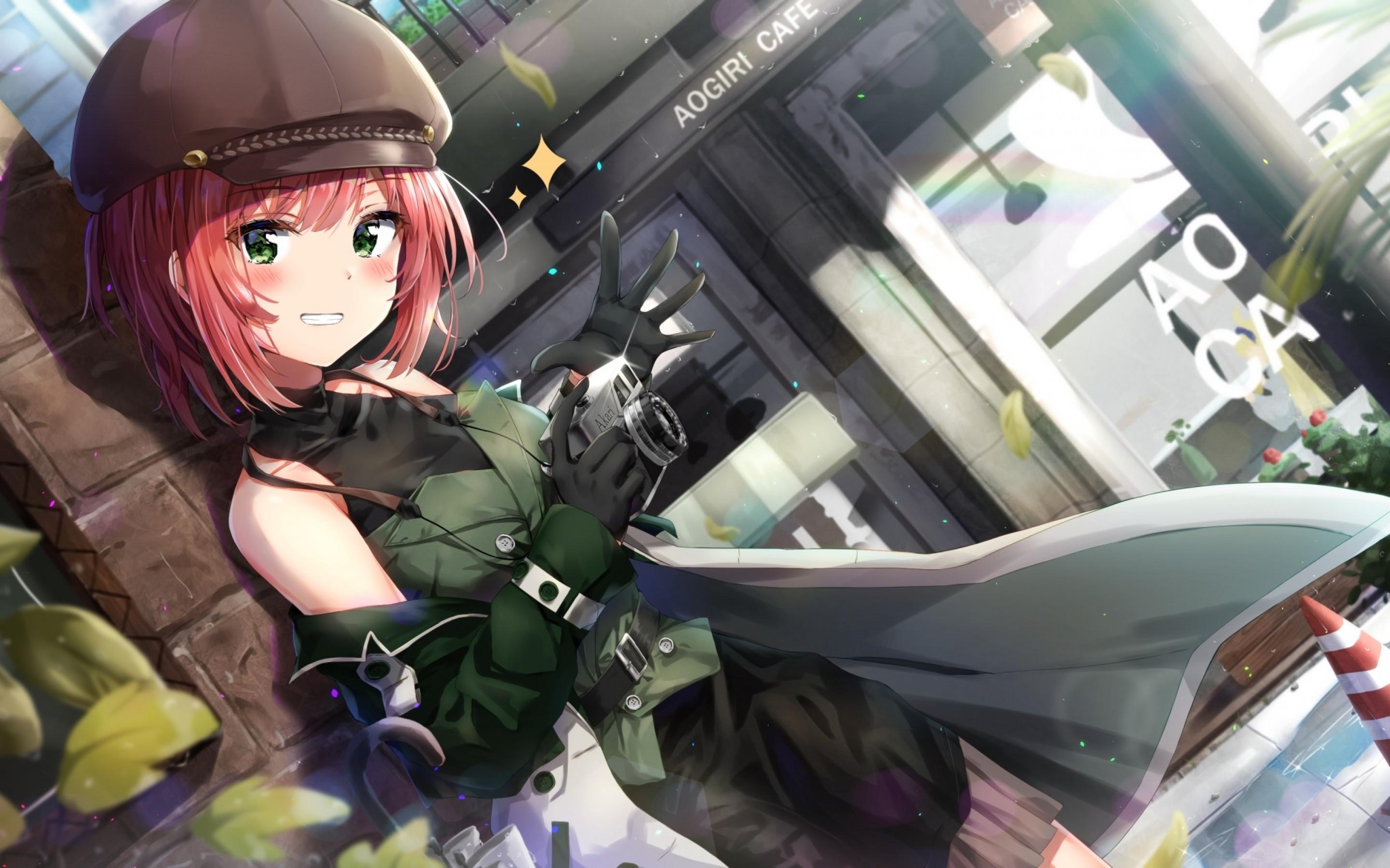 2880x1800 Download 2880x1800 Ishikari Akari, Aogiri Koukou Game Club, Gloves, Pink Hair, Smiling, Camera Wallpaper for MacBook Pro 15 inch