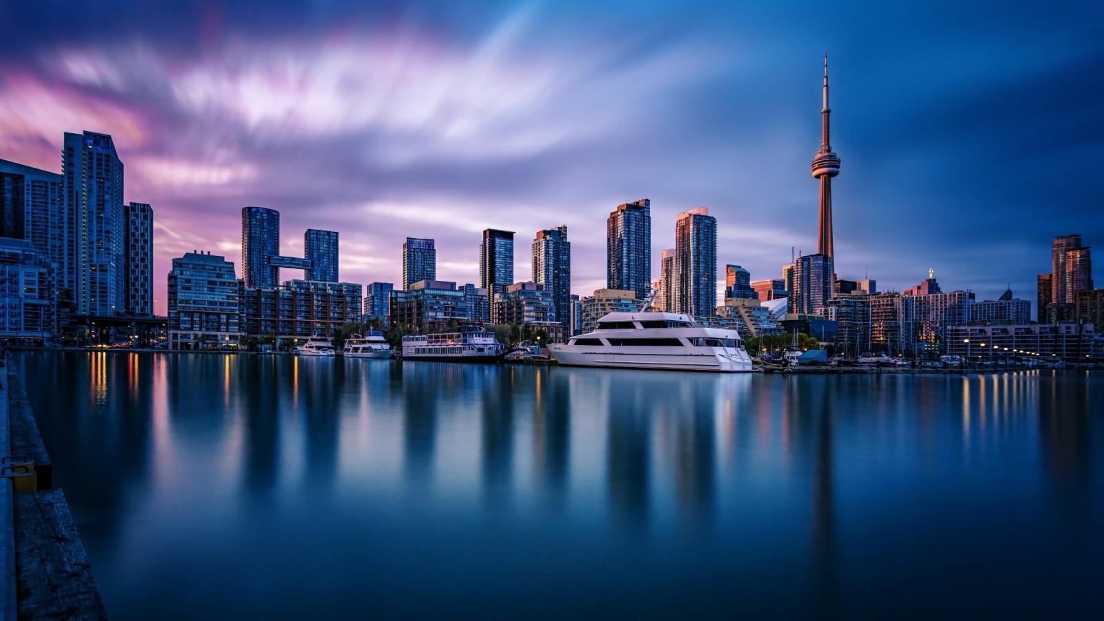 1600x900 Download 1600x900 Canada Toronto, Cityscape, Skyscrapers, Water, Reflection Wallpaper