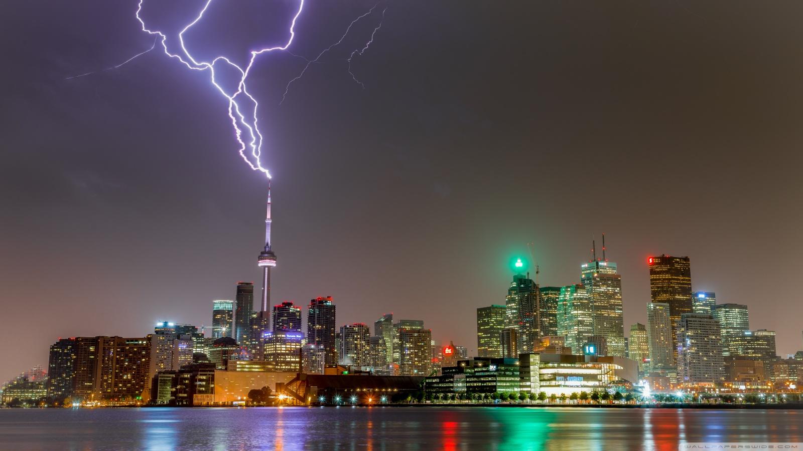 1600x900 CN Tower Lightning Strike, Toronto, City, Thunderstorm Ultra HD Desktop Background Wallpaper for 4K UHD TV : Widescreen & UltraWide Desktop & Laptop : Tablet