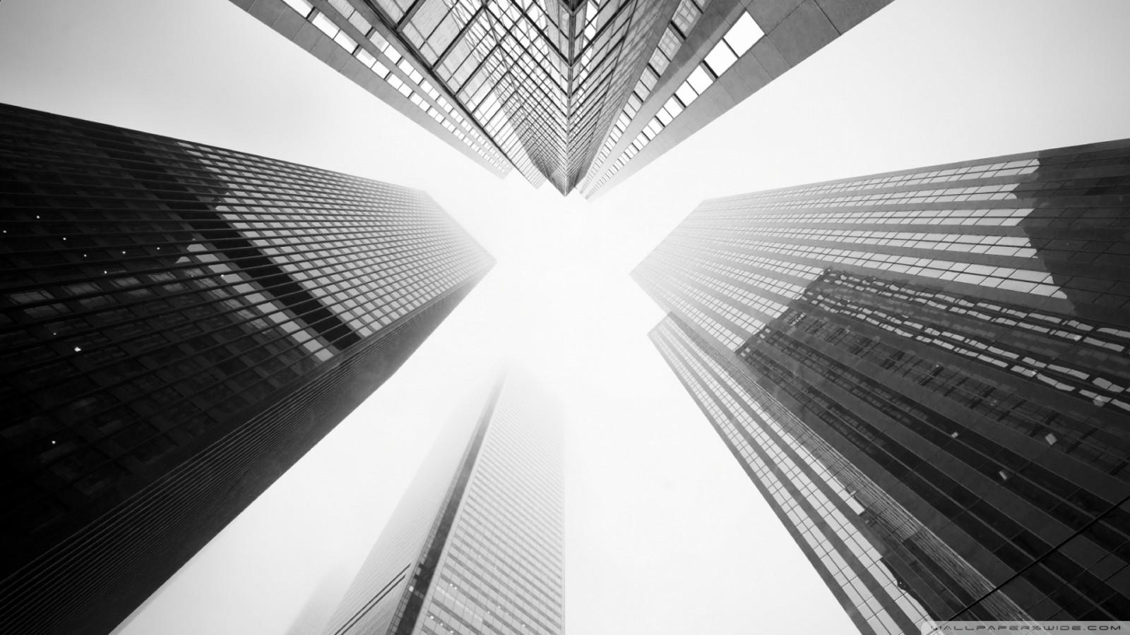 1600x900 white, black, monochrome, depth of field, architecture, building, sky, photography, symmetry, skyscraper, worms eye view, Toronto, Four Kings, light, shape, design, line, black and white, monochrome photography, daylighting. Mocah HD Wallpaper