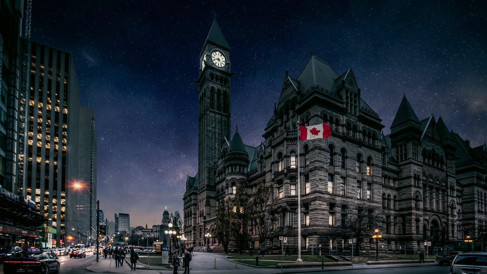 1600x900 Wallpaper Canada, Toronto, city, buildings, flag, dusk 2560x1440 QHD Picture, Image