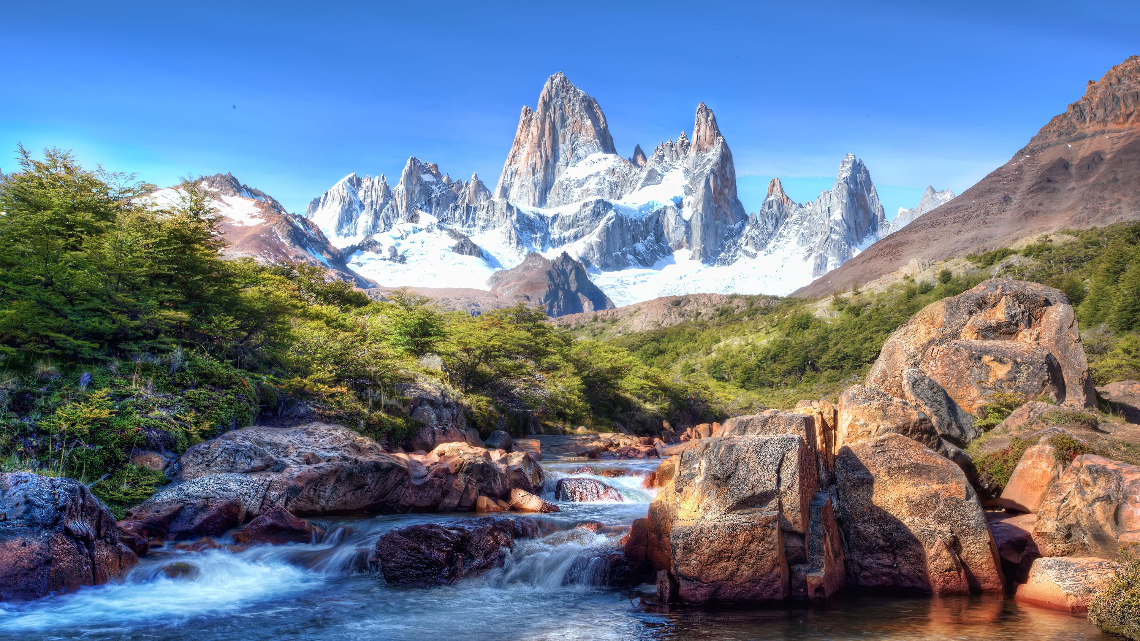 3840x2160 Fitz Roy, Patagonia, Glacier mountains, Snow covered, Argentina, Pictureque, River Stream, 4k Free deskk wallpaper, Ultra HD