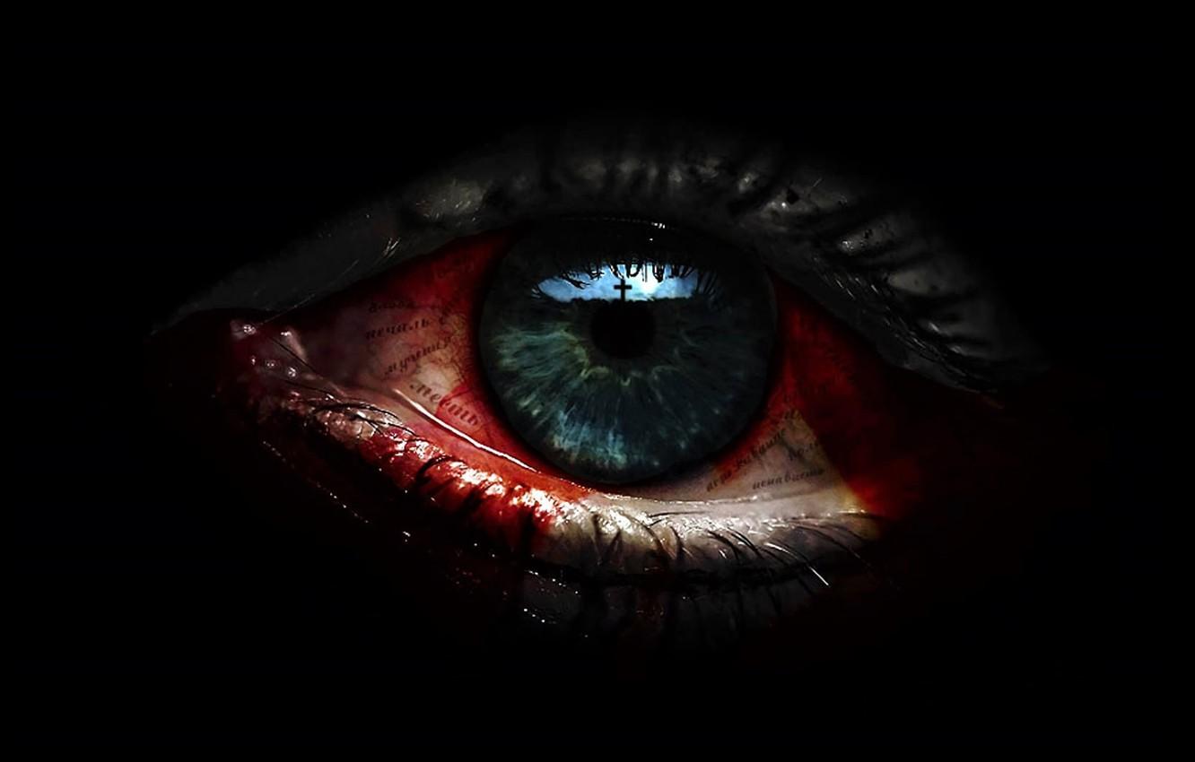 1332x850 Wallpaper eyes, reflection, cross, bloody tears, in the dark, black magic image for desktop, section макро