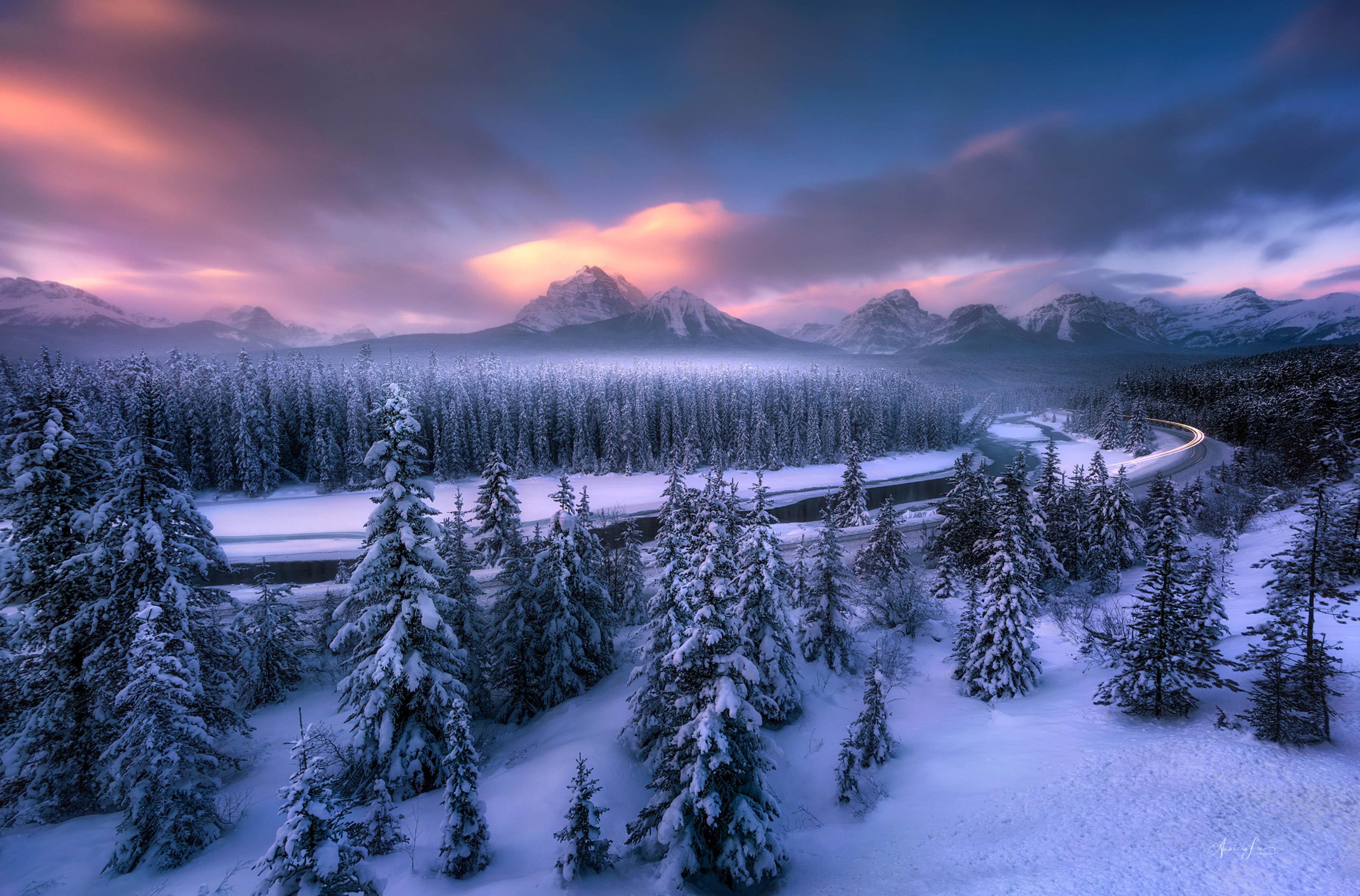 3640x2400 Morant's Curve Banff National Park Canada Sunrise Winter Landscape Wallpaper HD :