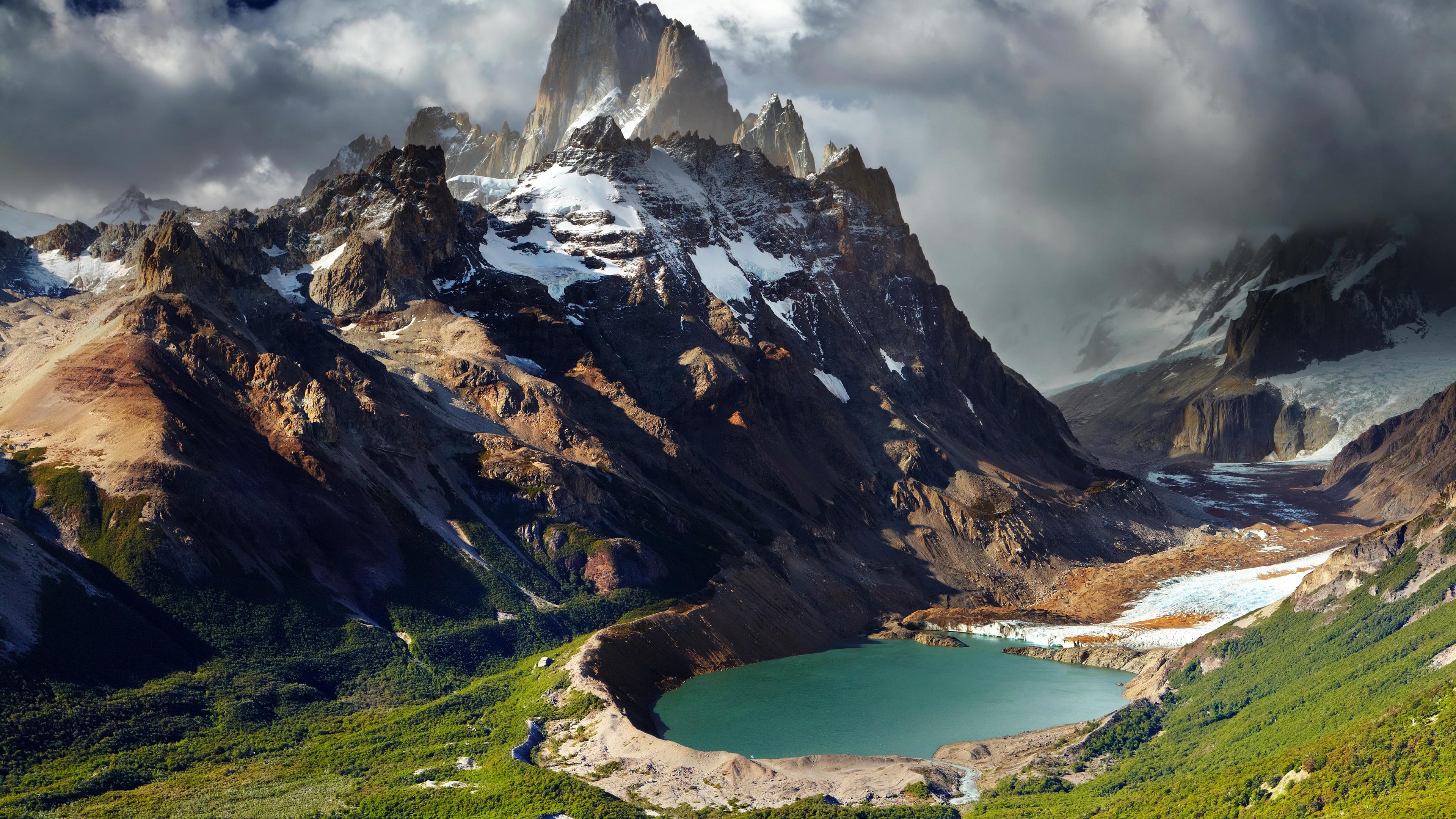 3840x2160 Fitz Roy, Patagonia, Argentina, Mountain Peak, Glacier mountains, Snow covered, Landscape, Cloudy Sky, Lake, Valley, 4k Free deskk wallpaper, Ultra HD