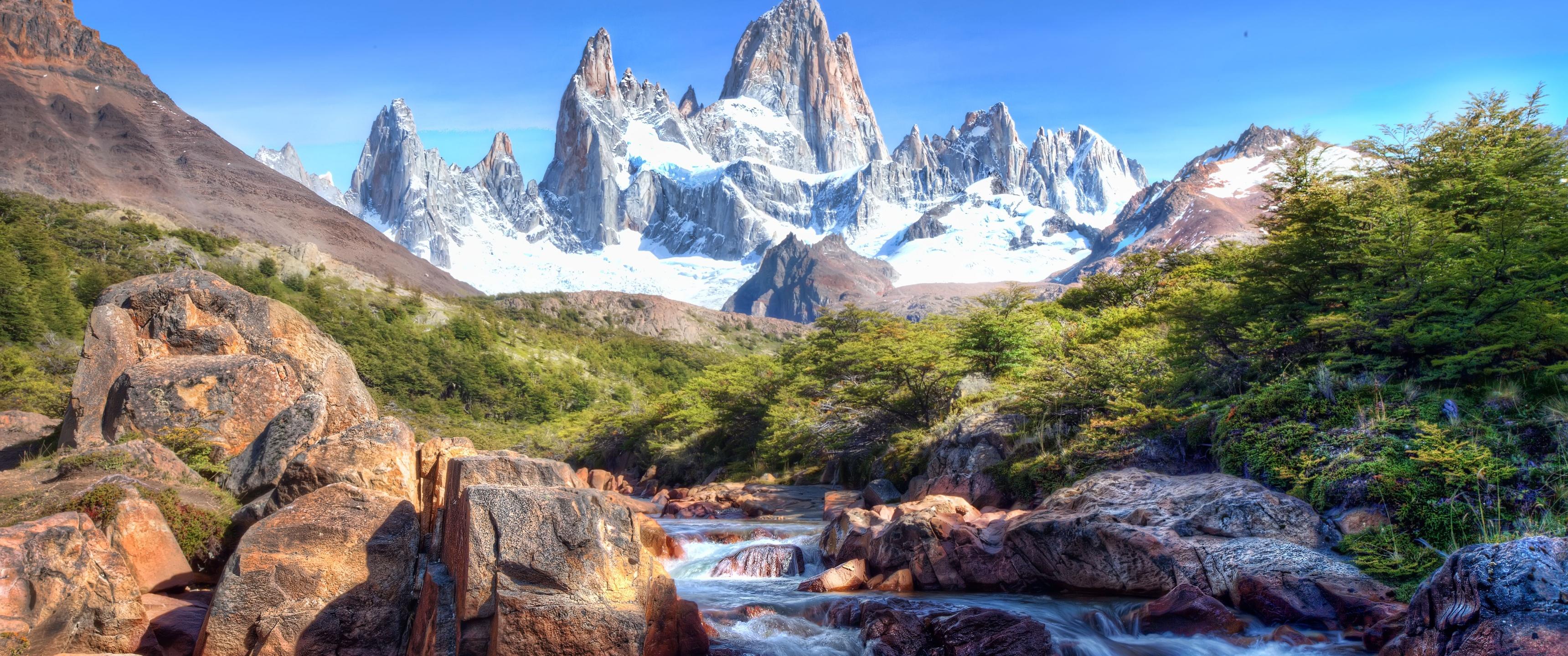 3440x1440 Fitz Roy Wallpaper 4K, Patagonia, Glacier mountains, Snow covered, Nature
