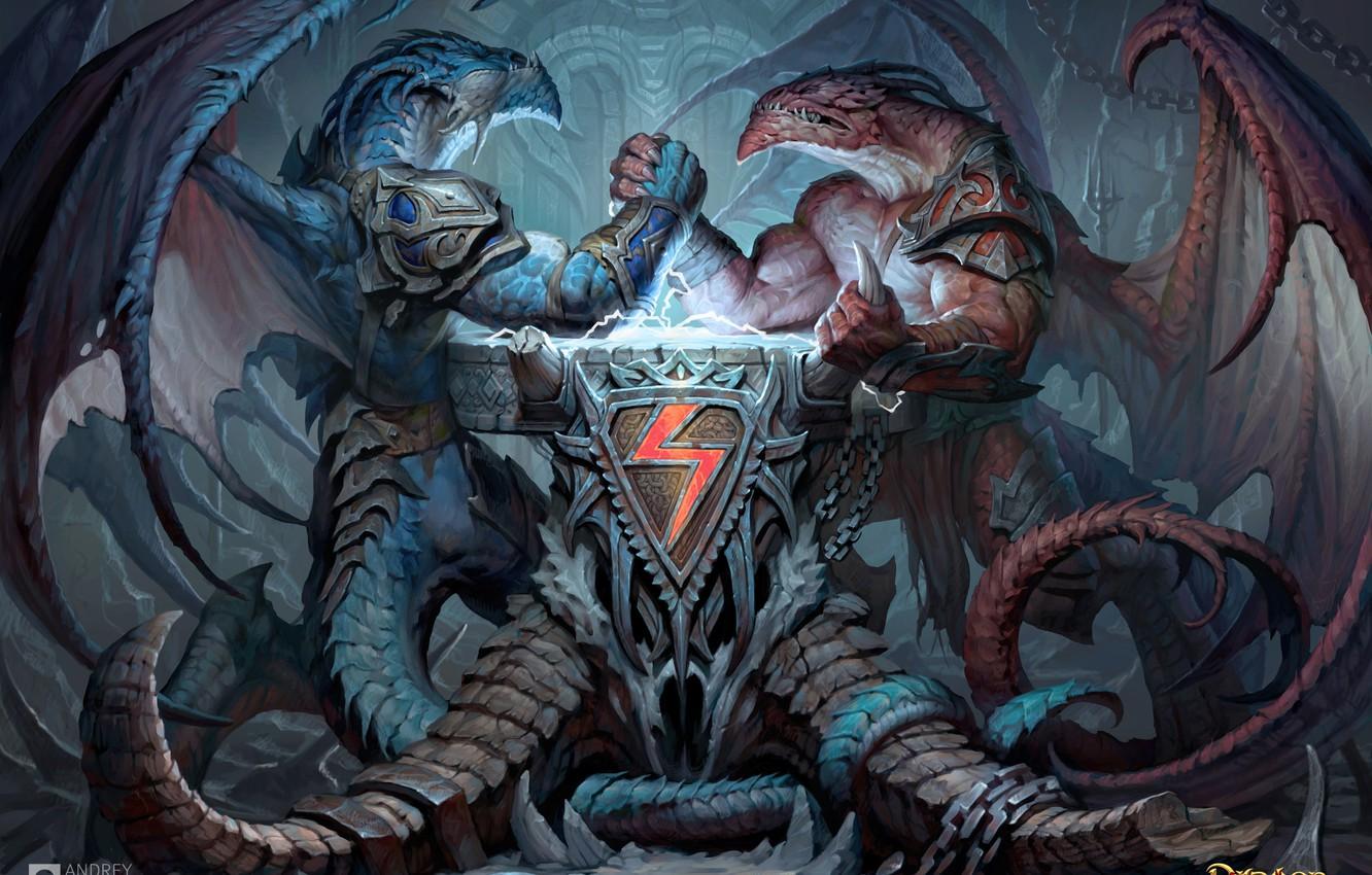 1332x850 Wallpaper dragons, art, coat of arms, Dragon Eternity, arm wrestling, Andrew Kosinski, Dragons Of Eternity image for desktop, section игры
