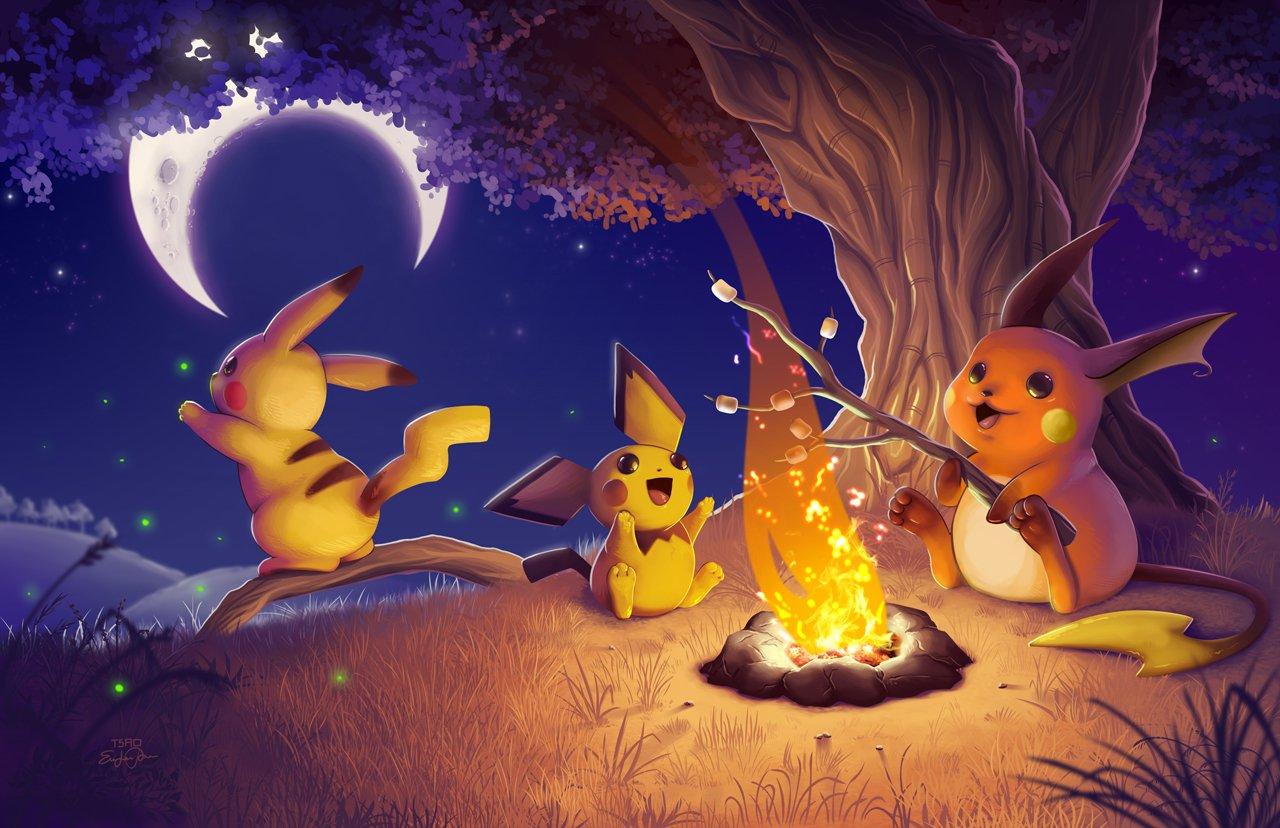 1280x828 Pichu, Pikachu, and Raichu around a campfire Image