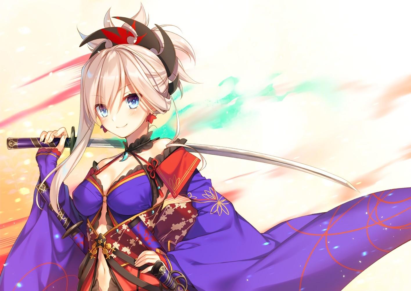 1416x1003 Download 1416x1003 Miyamoto Musashi, Saber, Fate Grand Order, Katana, Blonde, Smiling Wallpaper