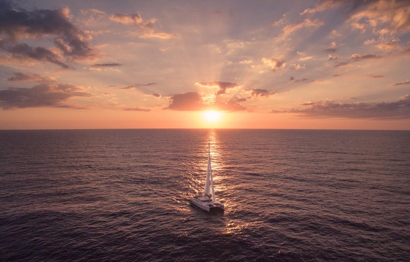 1332x850 Wallpaper sea, sunset, the way, the evening, yacht, sails, Carribean, Catamaran Sailing image for desktop, section природа