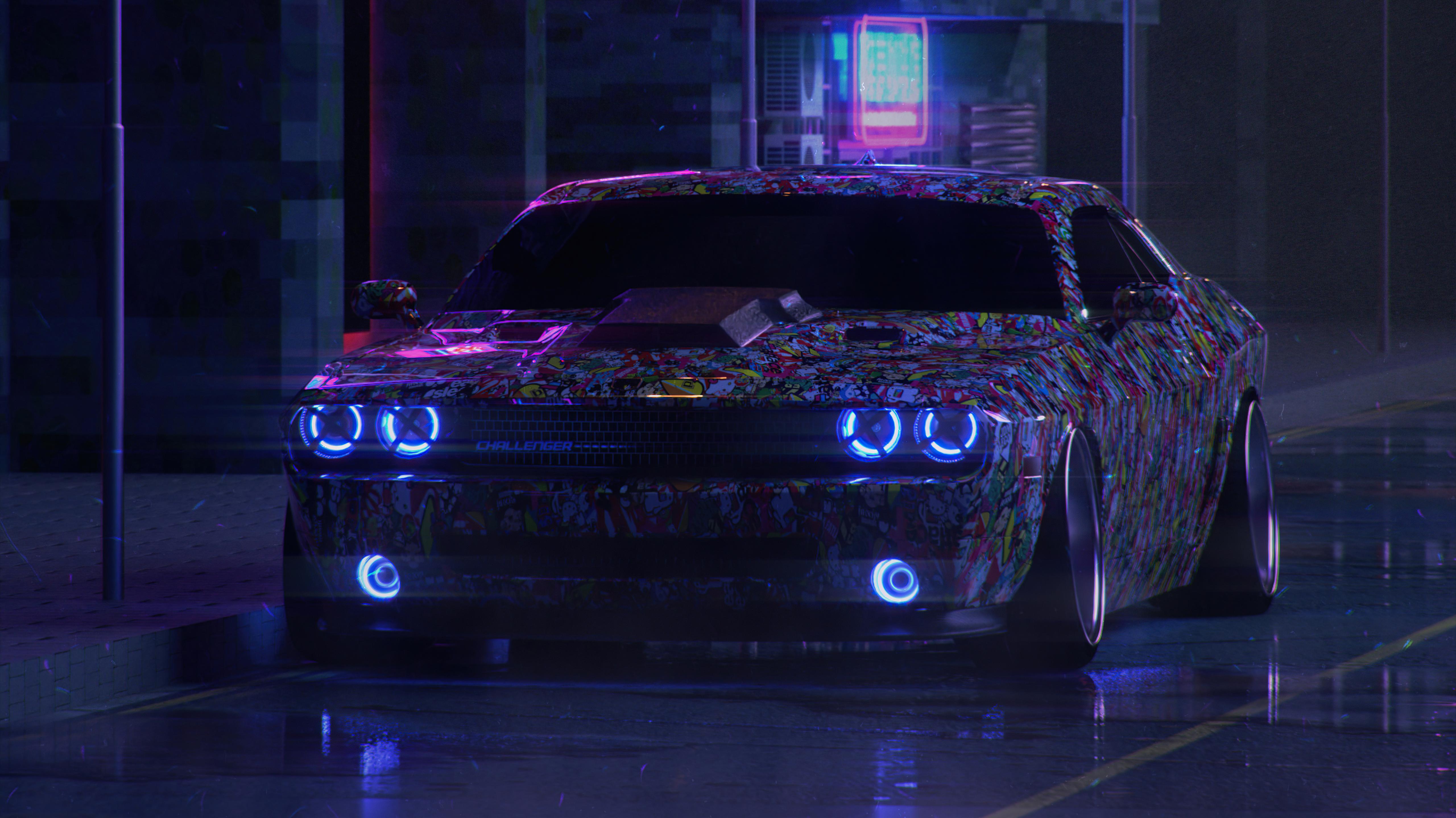 5120x2880 Dodge Challenger On Street Neon 5k, HD Cars, 4k Wallpaper, Image, Background, Photo and Picture