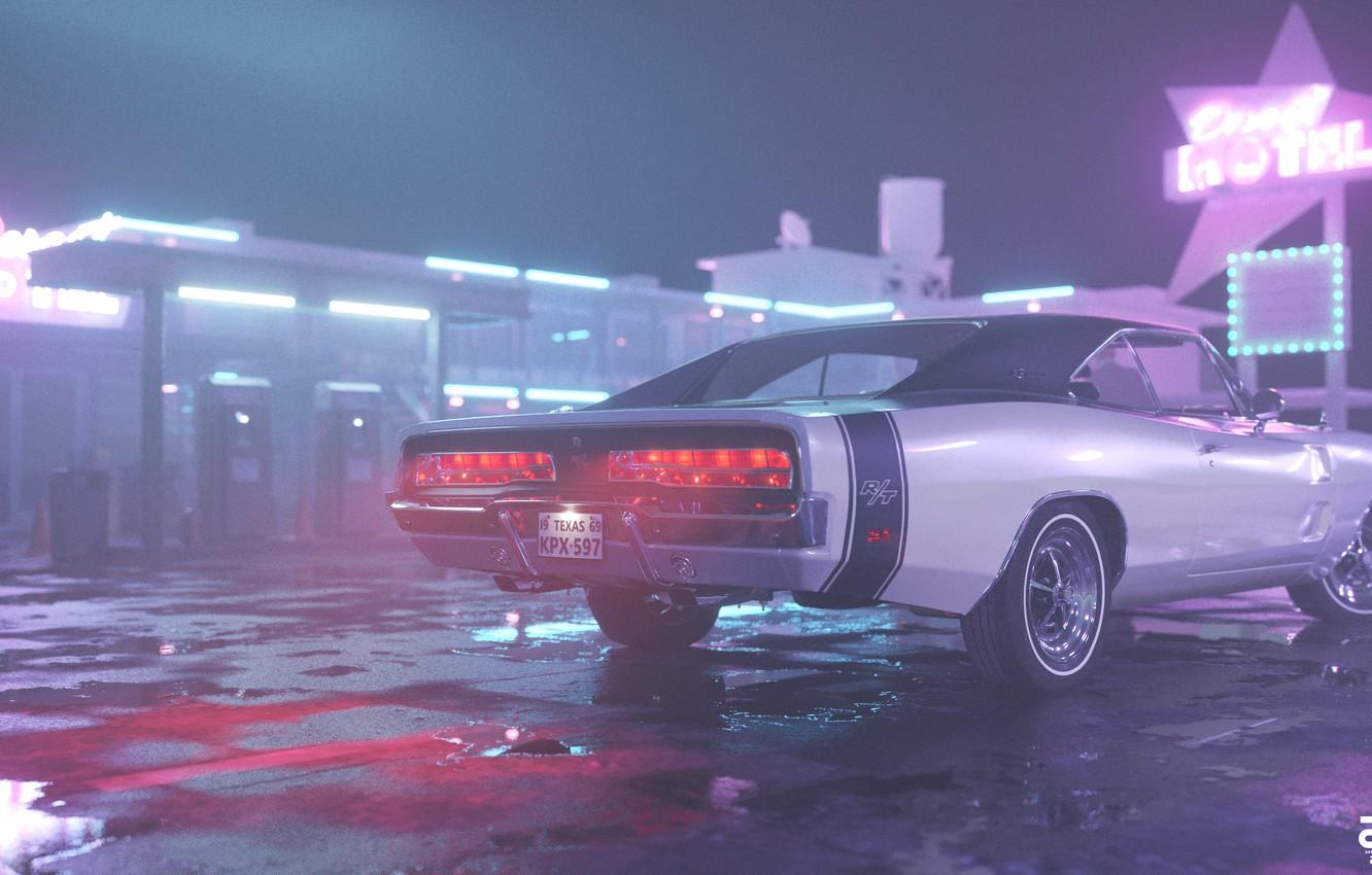 1332x850 Wallpaper Night, Machine, Style, Car, Render, Neon, Dodge Charger, Rendering, Puddles, Motel, Motel, Retrowave, Synthwave, New Retro Wave, 1969 Dodge Charger R T Image For Desktop, Section Dodge