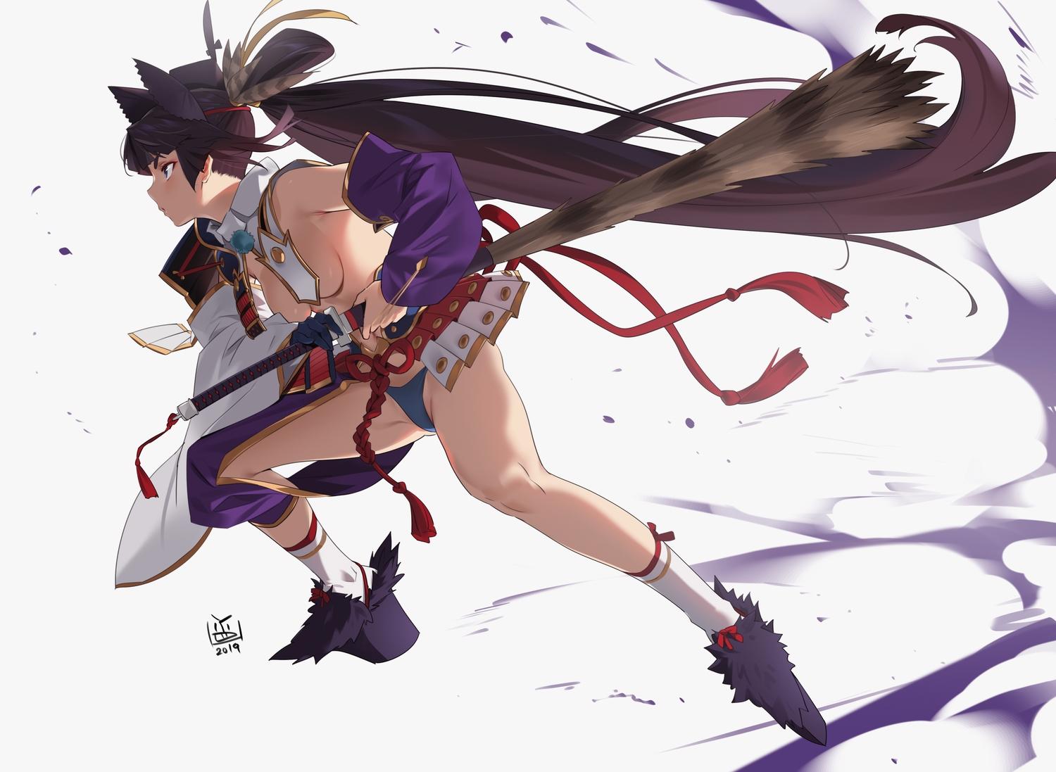 1500x1097 Armor Black Hair Blue Eyes Breasts Fate Grand Order Fate (series) Feathers Katana Long Hair Panties Ponytail Samurai Signed Socks Sword Topless Underwear Ushiwakamaru (fate Grand Order) Weapon White Yang Do.