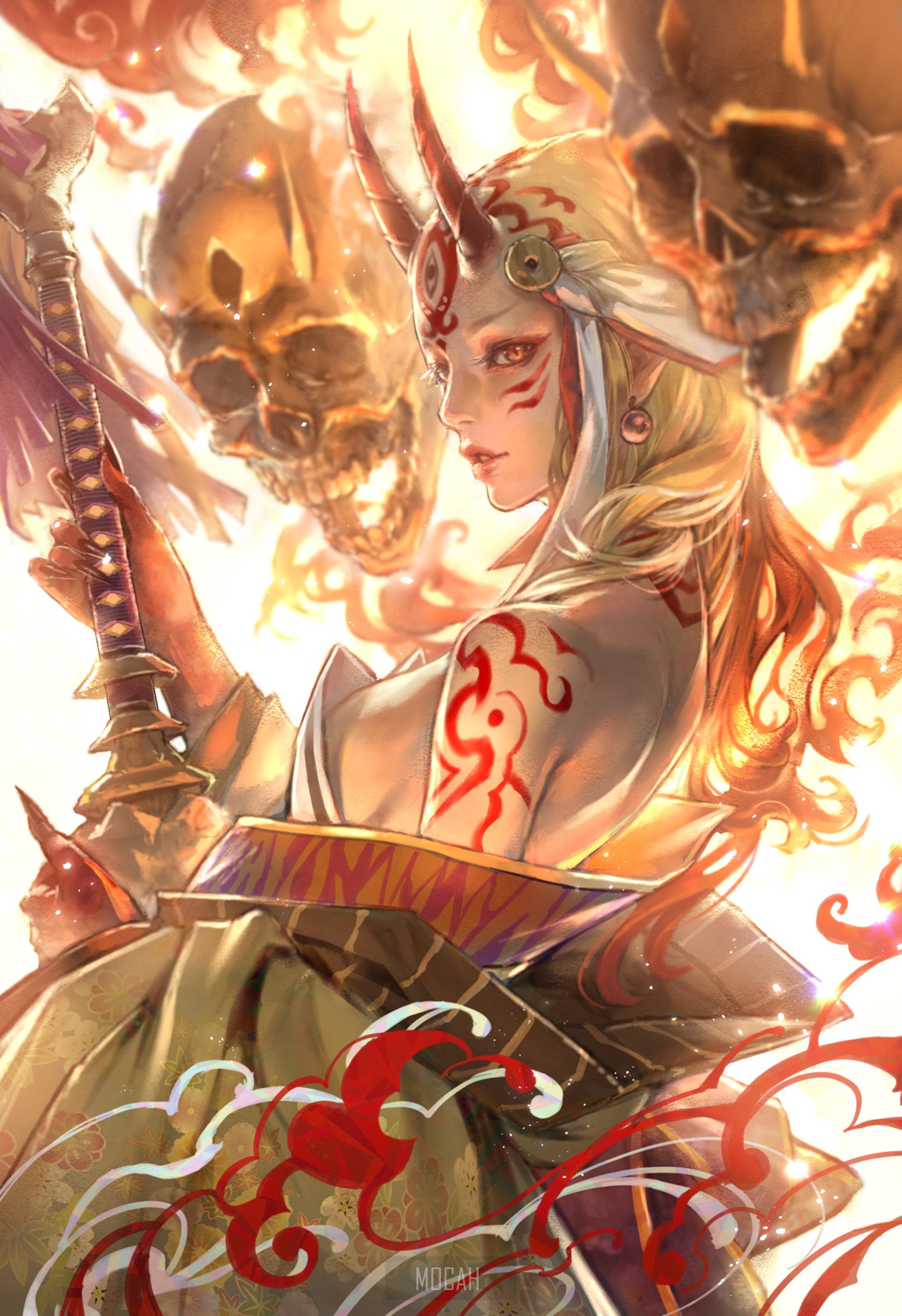 2058x3000 Ibaraki Douji, Fate Grand Order, Fate Series, Women, Blonde, Demon Girls, Horns, Kimono, Skull, Bokeh, Bare Shoulders, Fan Art, Anime Girl, Fantasy Girl, Fantasy Art, Drawing, Illustration, Painting, Digital Painting, Kaburagi Yasutaka
