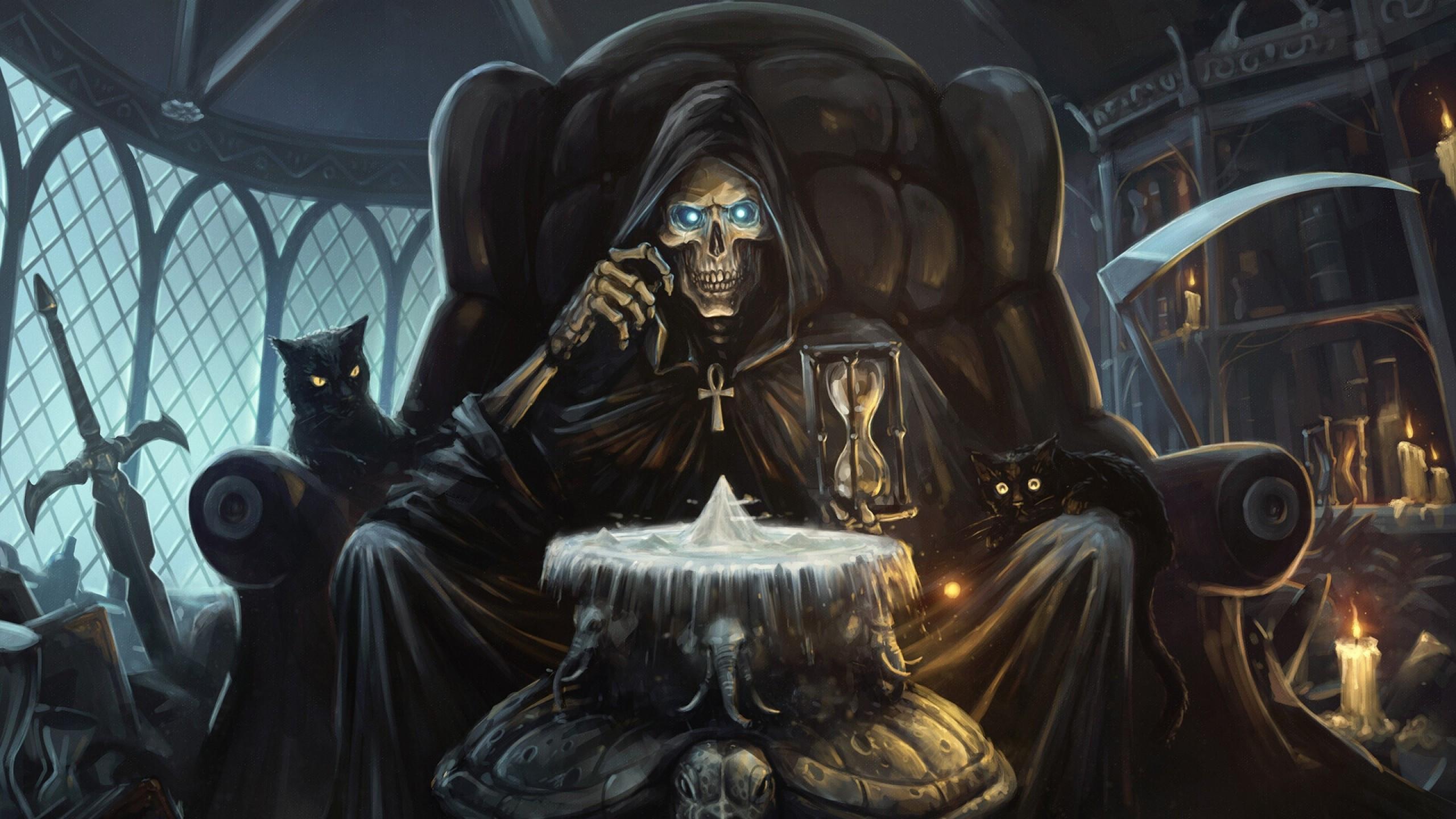 2560x1440 Download 2560x1440 Grim Reaper, Throne, Skeleton, Black Cat, Sword, Discworld Wallpaper for iMac 27 inch
