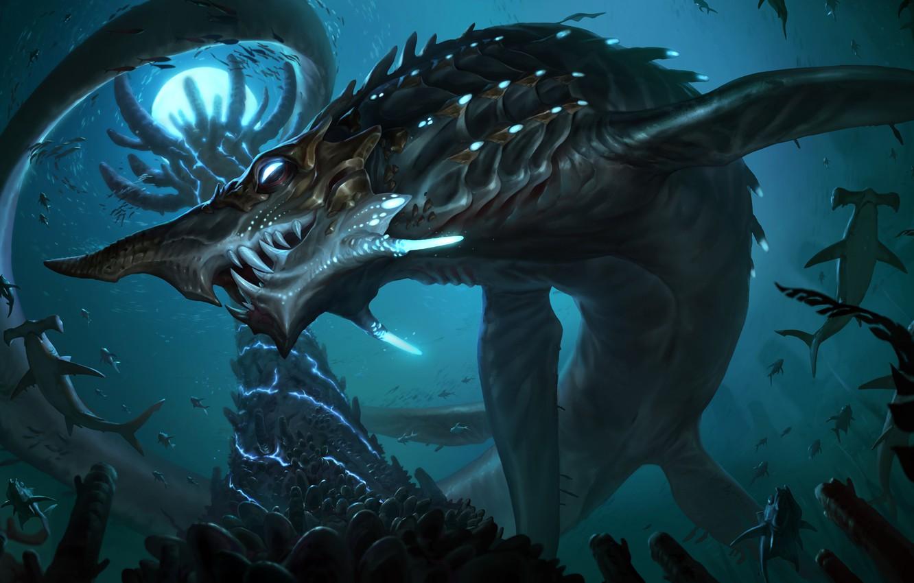 1332x850 Wallpaper fish, sharks, under water, Bilgewater, the hammerhead shark, Rybin, Legends of Runeterra image for desktop, section игры