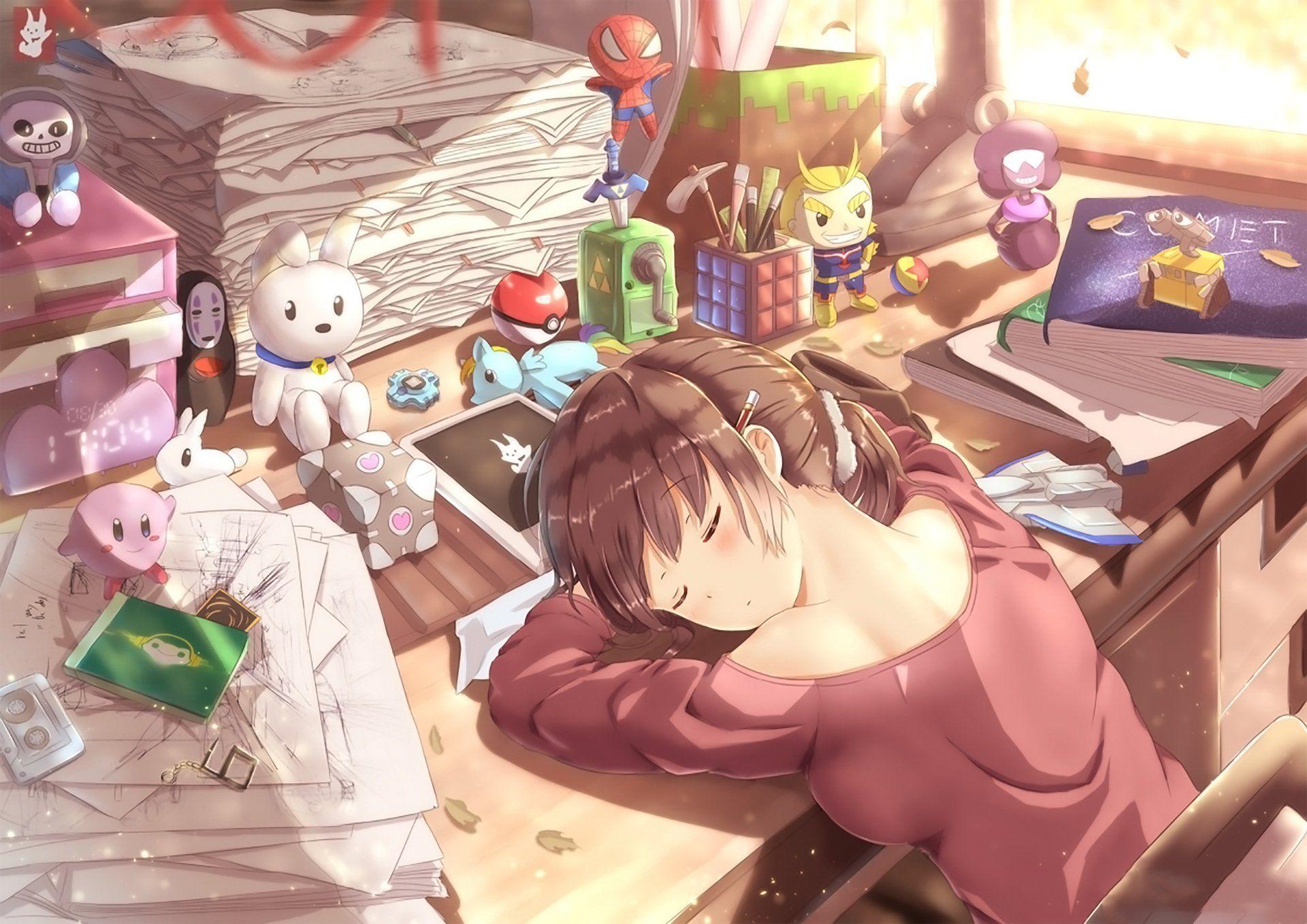 Anime Girl Sleeping Drawing Computer Cats HD 4K Wallpaper 82914