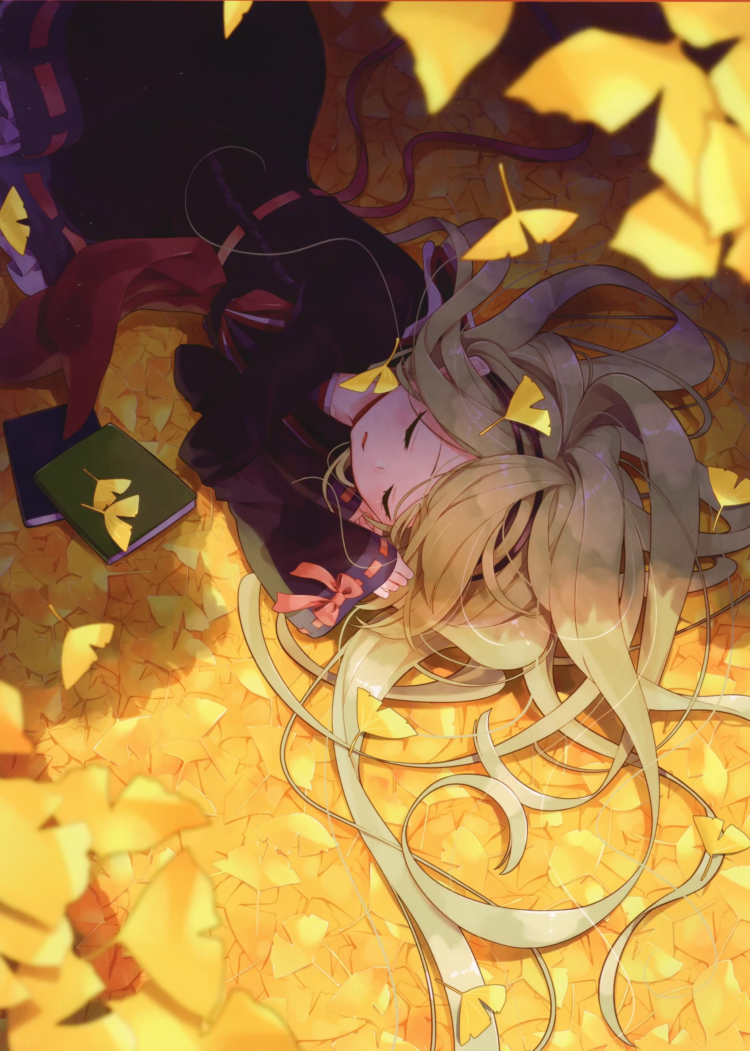 2426x3400 Wallpaper Anime Girl, Sleeping, Lying Down, Blonde, Leaves, Autumn:2426x3400
