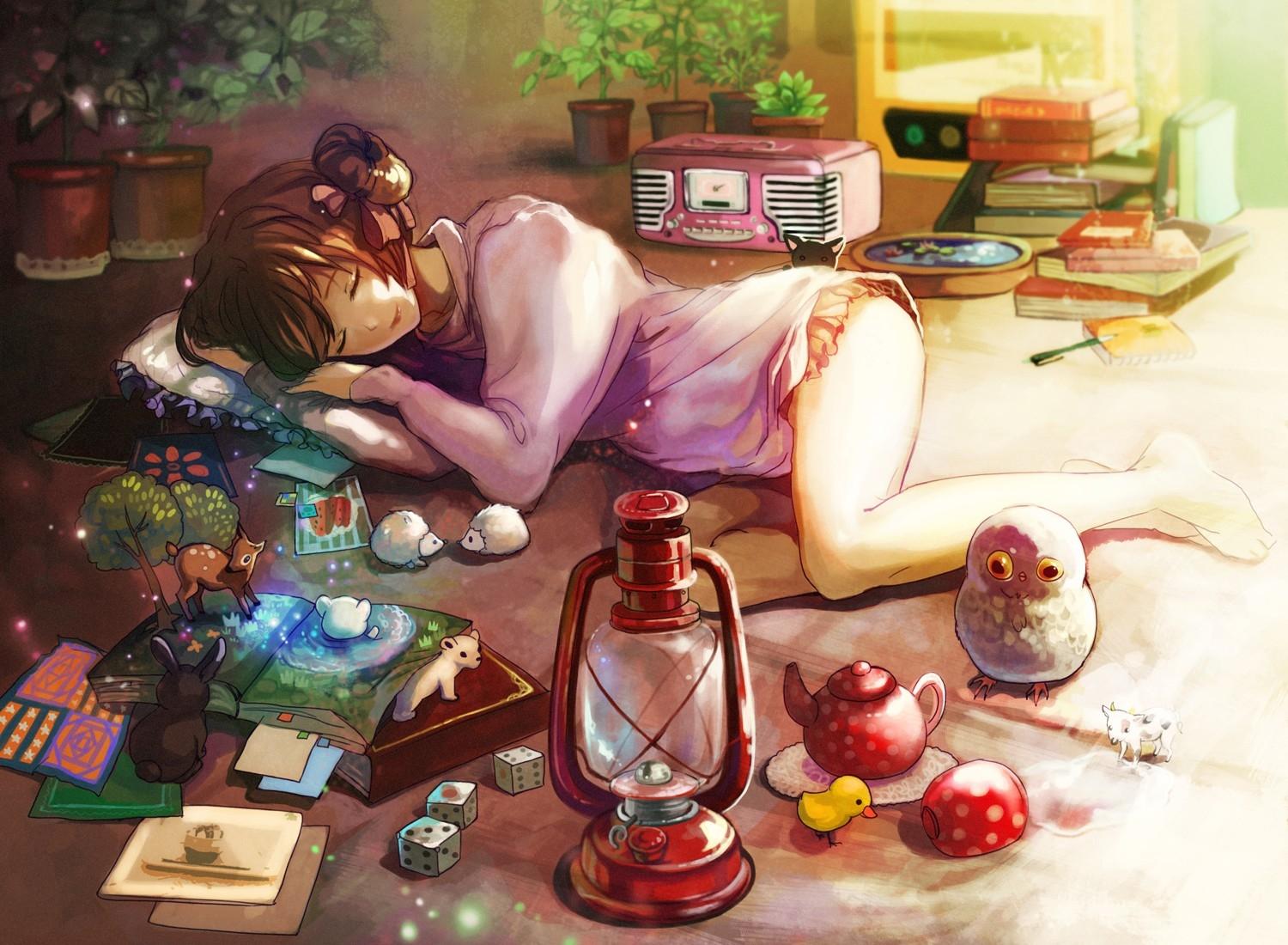 1500x1100 brunettes radio ribbons moe plants lamps books pillows sleeping anime girls 1500x1100 wallpaper