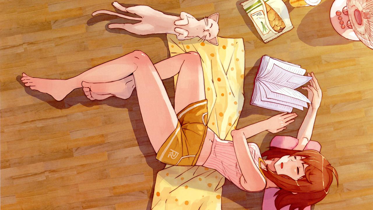 1280x720 Picture cat Anime female sleeping Legs books Animals
