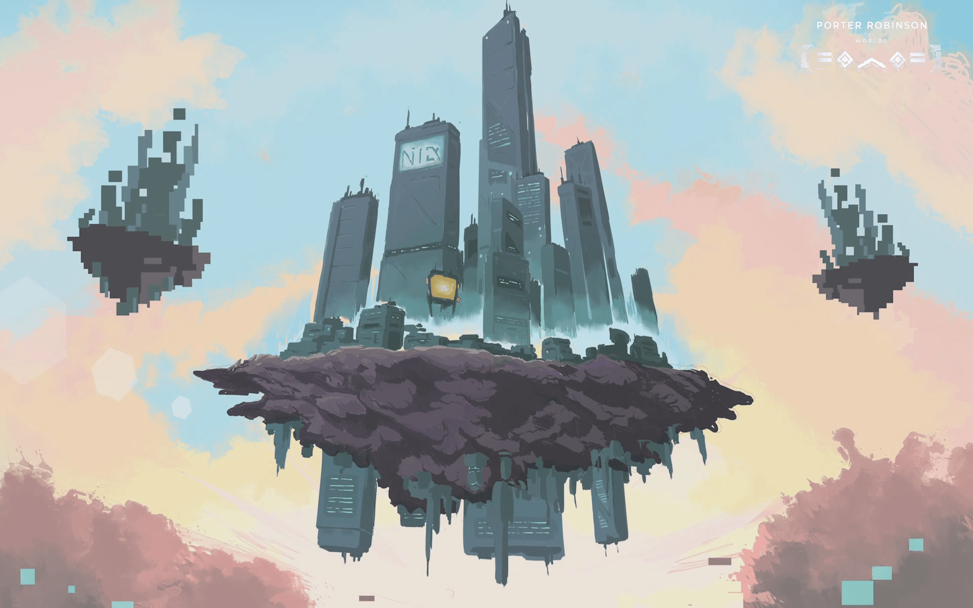 1920x1200 #skyscraper, #Porter Robinson, #floating island, #digital art, #drawing, #pixel art, wallpaper. Mocah HD Wallpaper