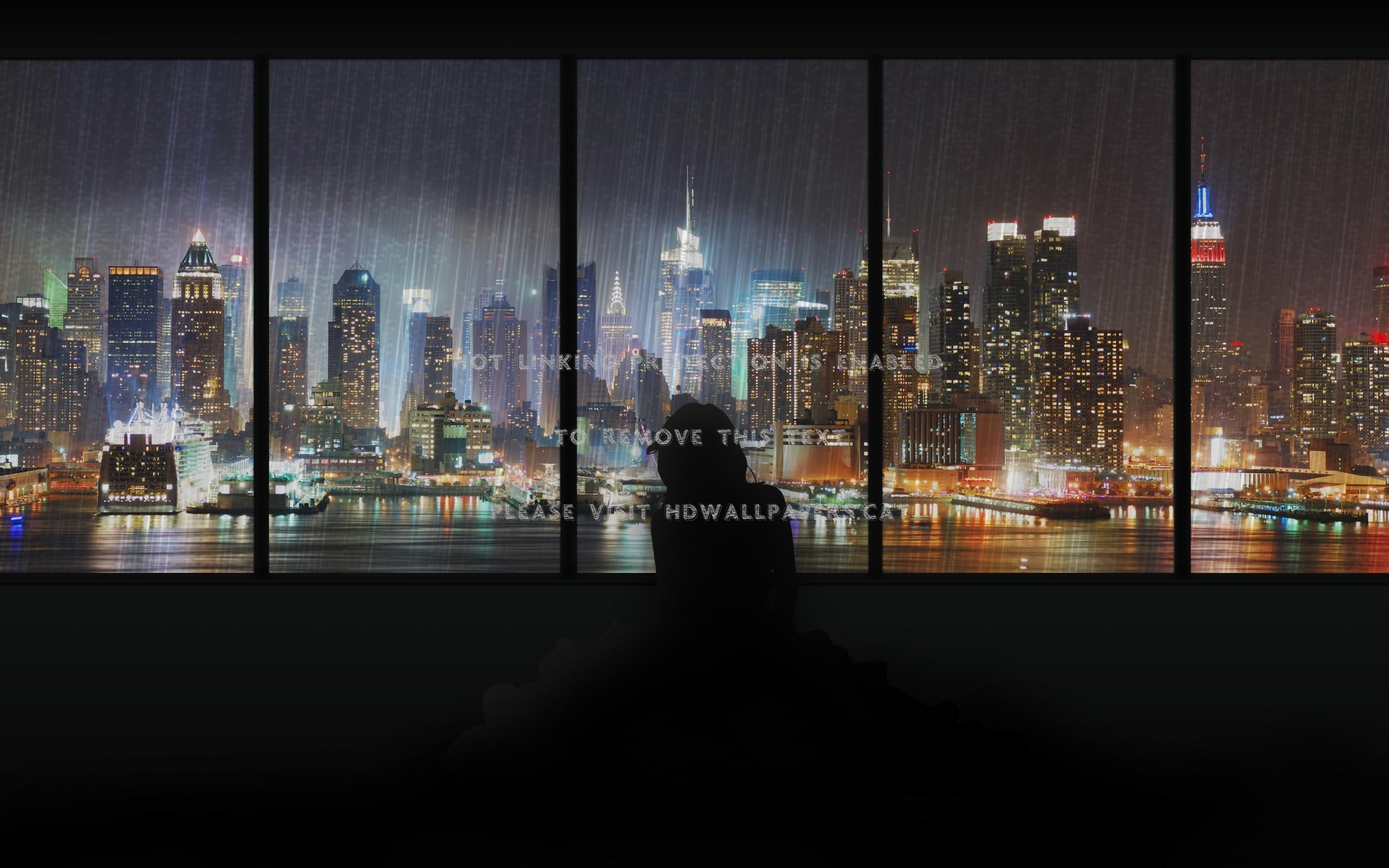 2560x1600 city rain lights woman people