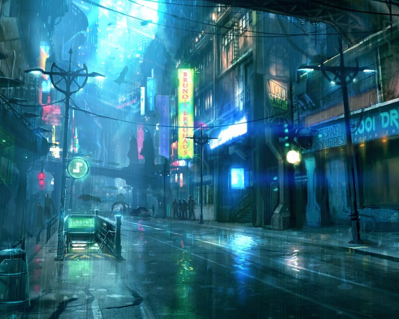 1280x1024 Download 1280x1024 Cyberpunk, Futuristic, City, Raining, Street, Lights, People, Sci Fi Wallpaper