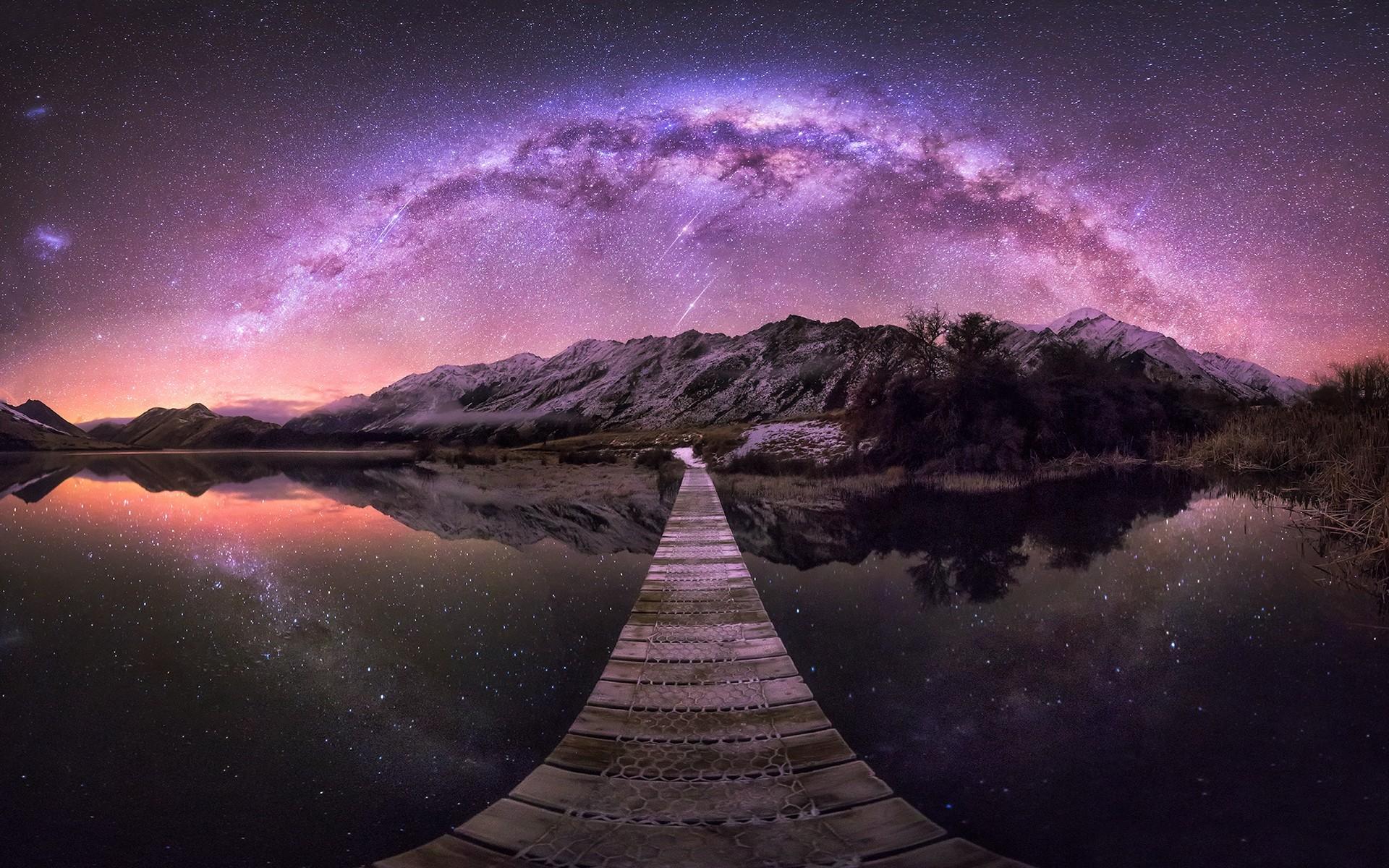 1920x1200 #landscape, #Milky Way, #New Zealand, #walkway, #mountains, #nature, #starry night, #lake, #long exposure, #shrubs, #reflection, wallpaper. Mocah HD Wallpaper