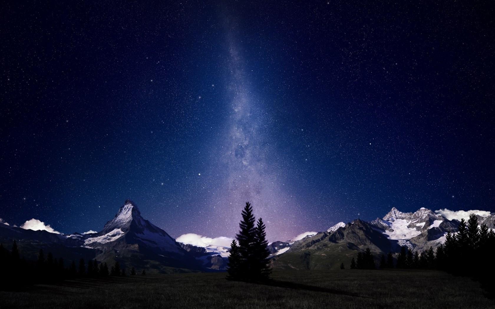 1680x1050 Download 1680x1050 Galaxy, Stars, Night, Mountains, Hills, Tree Wallpaper for MacBook Pro 15 inch