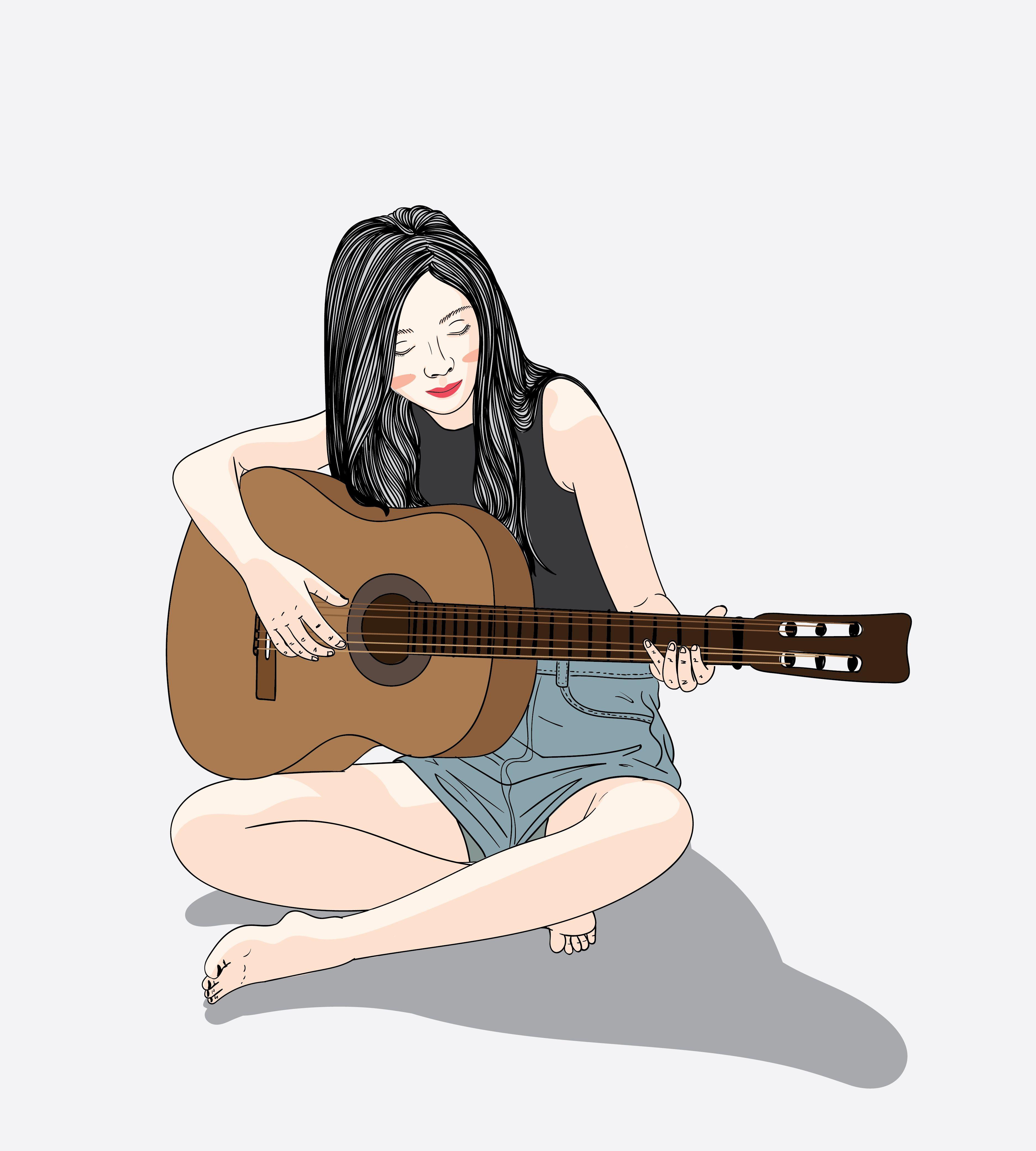 3750x4167 Woman who plays the guitar on vacation. Girls cartoon art, Illustration art girl, Girl cartoon