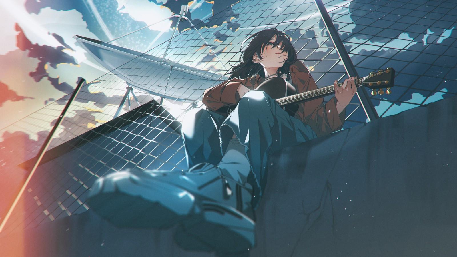 1600x900 Download 1600x900 Guitar, Clouds, Fence, Cute Anime Girl, Sunset, Instrument, Rooftop, Hoodie Wallpaper
