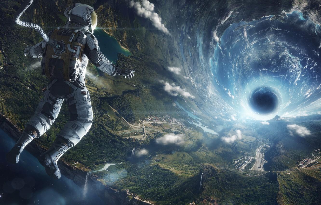1332x850 Wallpaper flight, earth, the universe, the suit, black hole, Astronaut image for desktop, section космос