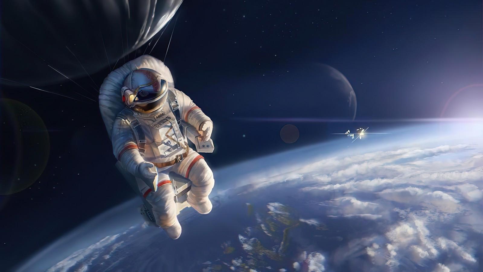 1600x900 Download 1600x900 Spacesuit, Astronaut, Earth, Floating, Artwork Wallpaper