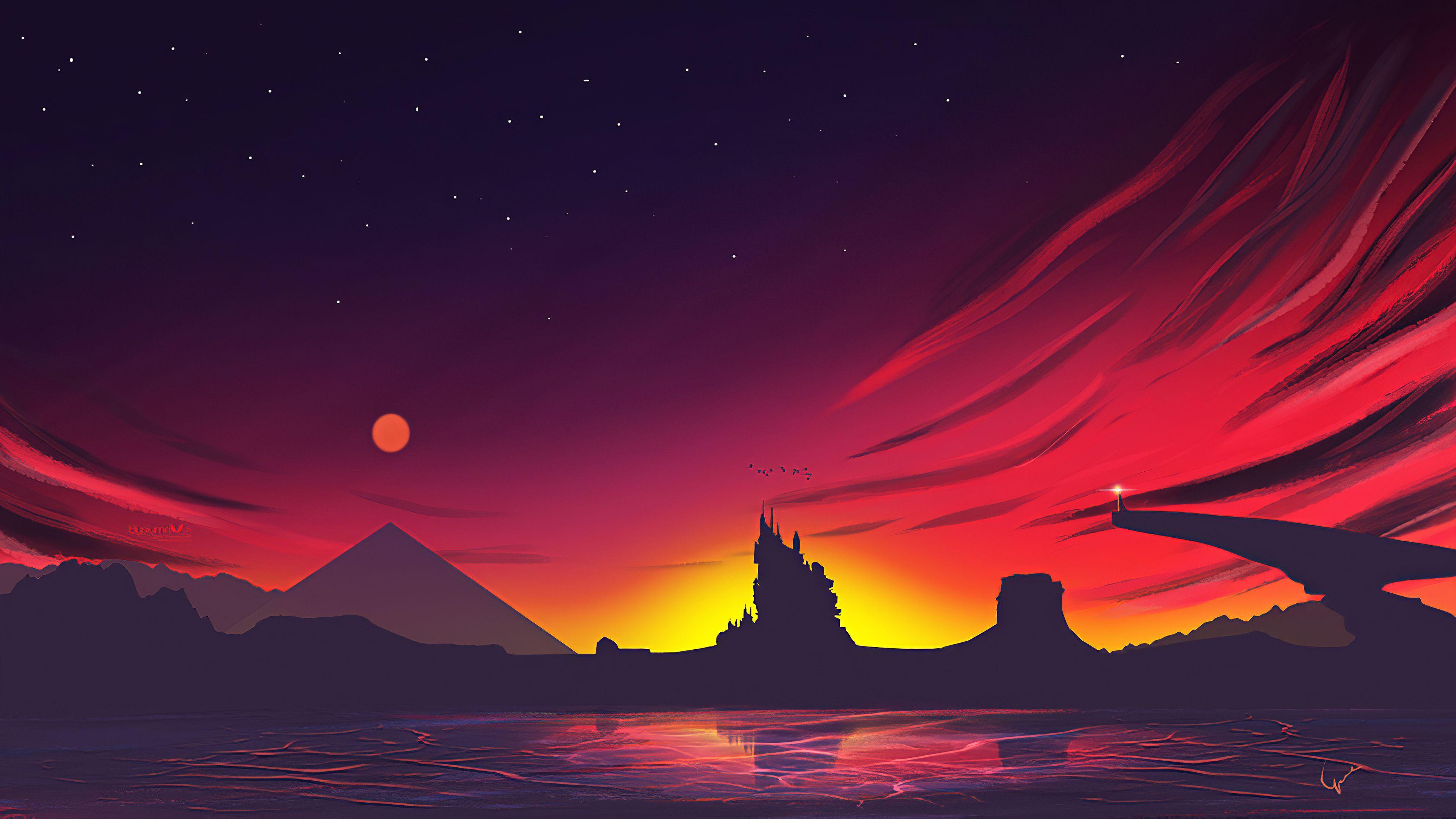 3840x2160 Minimal Landscape Sunrise Wallpaper