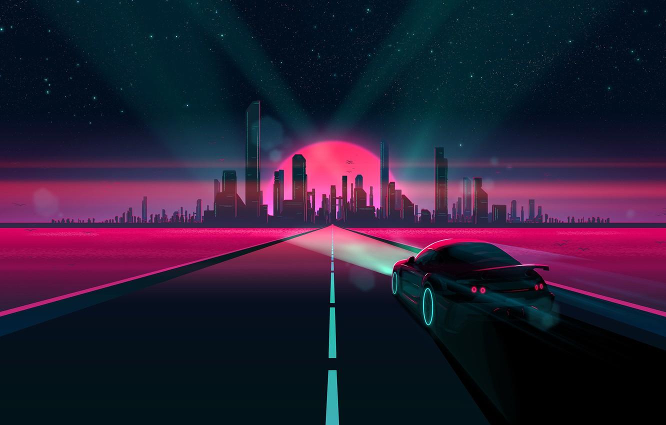 1332x850 Wallpaper Sunset, The sun, Auto, Road, Music, The city, Stars, Machine, Style, Background, Fantasy, 80s, Style, Neon, Illustration, 80's image for desktop, section рендеринг