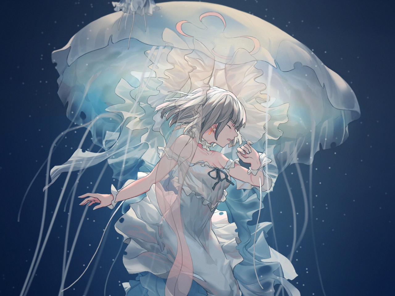 1280x960 Desktop Wallpaper Underwater, Anime Girl, Close Eyes, Jellyfish, HD Image, Picture, Background, 0ryhhb