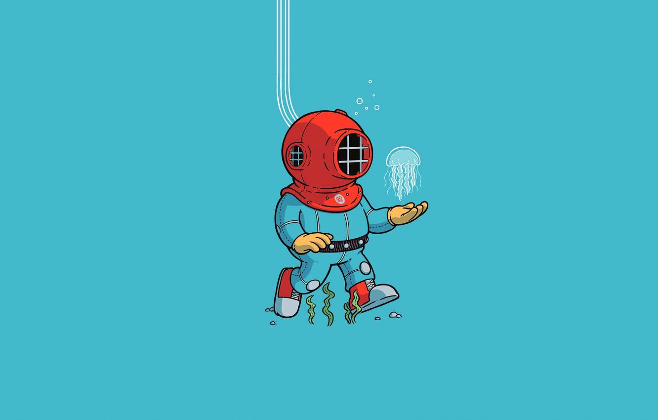 1332x850 Wallpaper minimalism, blue background, digital art, artwork, jellyfish, simple background, algae, Diver, diving suits image for desktop, section минимализм